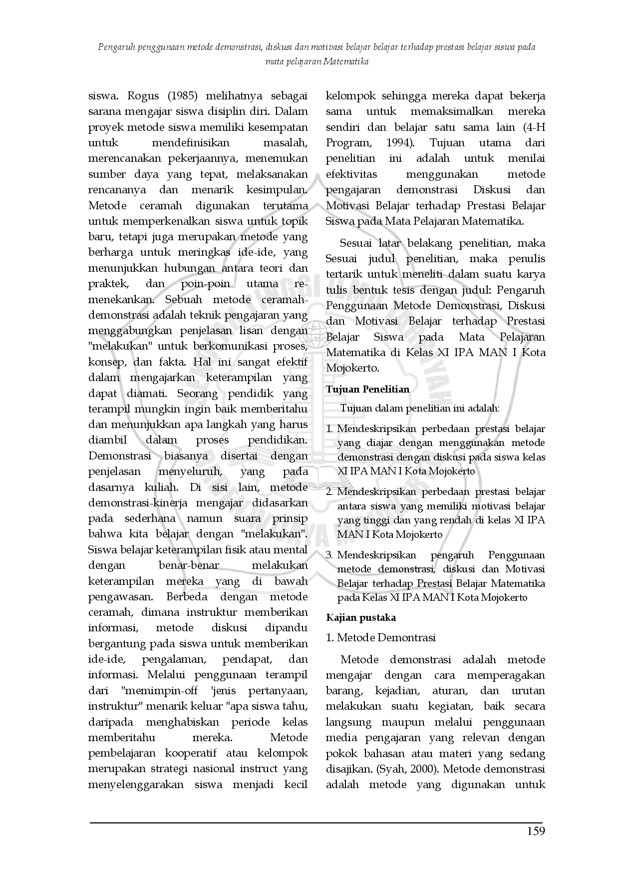 JURIS Pengaruh Penggunaan Metode Demonstrasi Diskusi dan Motivasi Belajar terhadap Prestasi Belajar Siswa pada Mata Pelajaran Matematika di Kelas XI IPA MAN I Kota Mojokerto