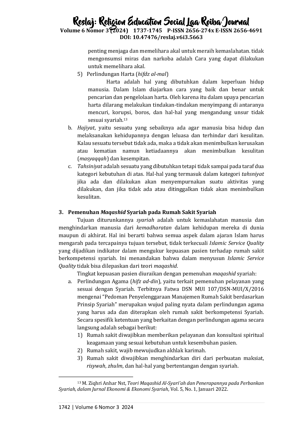 JURIS Analisis Implementasi Maqashid Syariah pada Rumah Sakit Berkompetensi Syariah di Indonesia Sebagai Unique Value Preposition