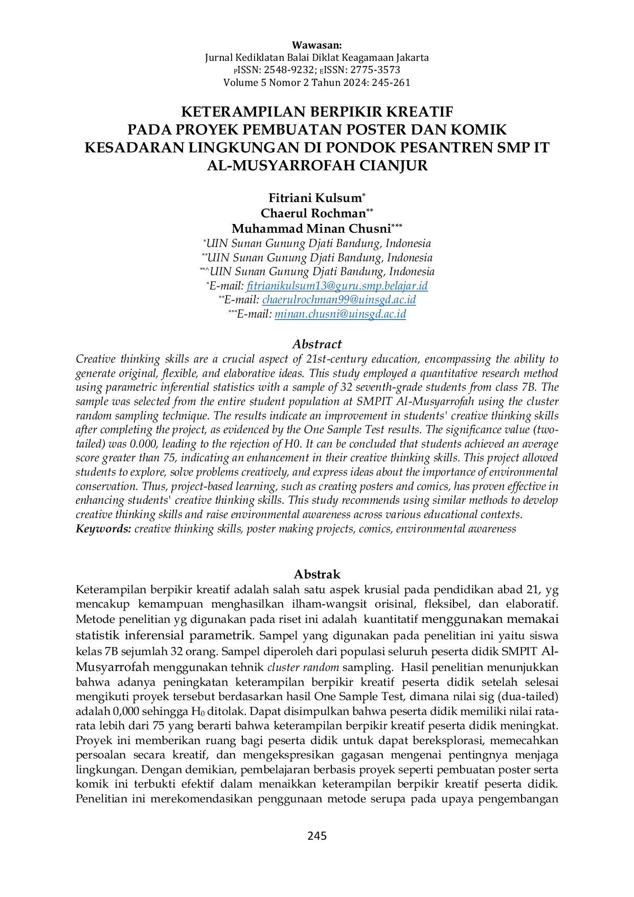JURIS KETERAMPILAN BERPIKIR KREATIF PADA PROYEK PEMBUATAN POSTER DAN KOMIK KESADARAN LINGKUNGAN DI PONDOK PESANTREN SMP IT AL MUSYARROFAH CIANJUR
