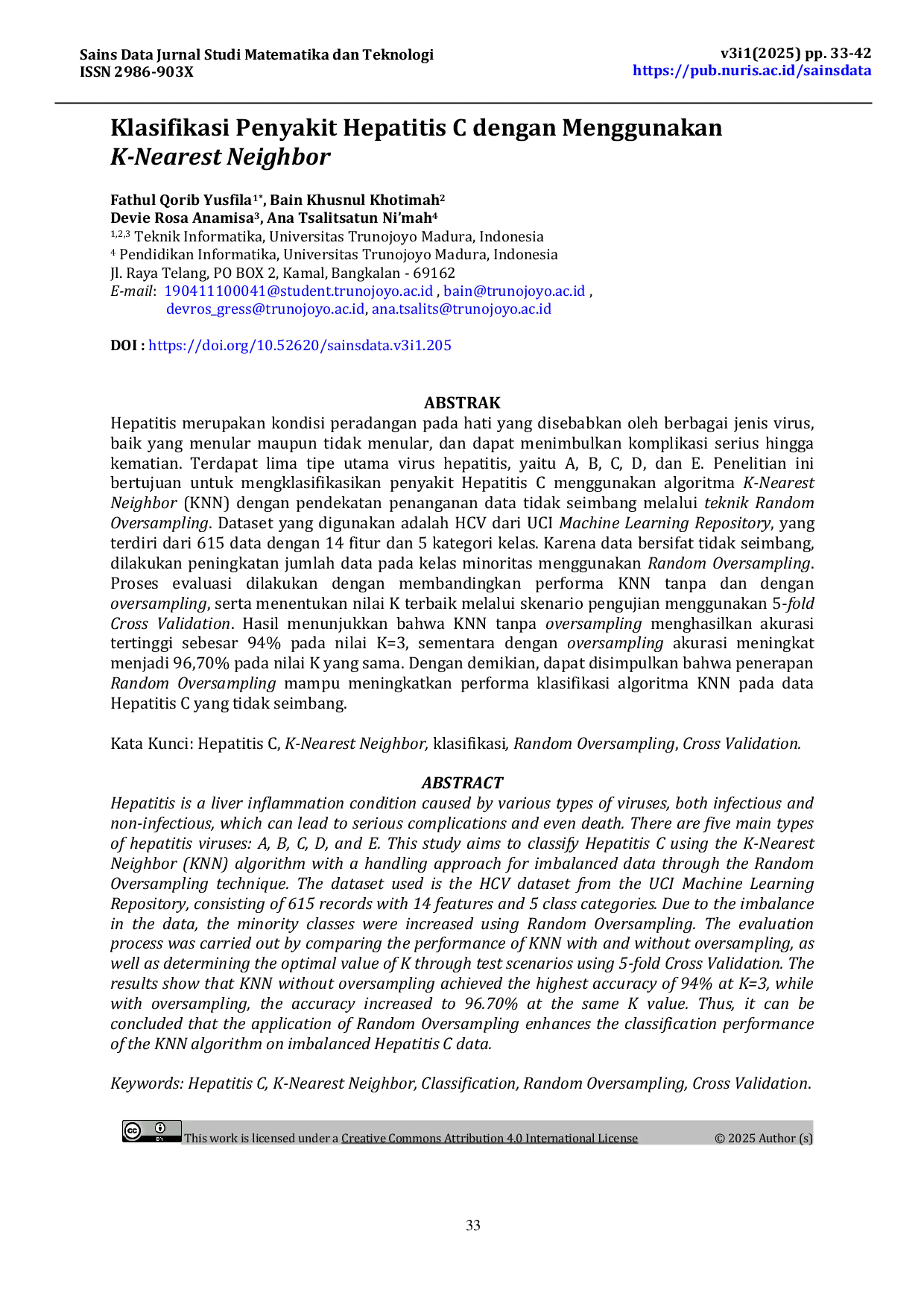 JURIS Klasifikasi Penyakit Hepatitis C dengan Menggunakan K Nearest Neighbor