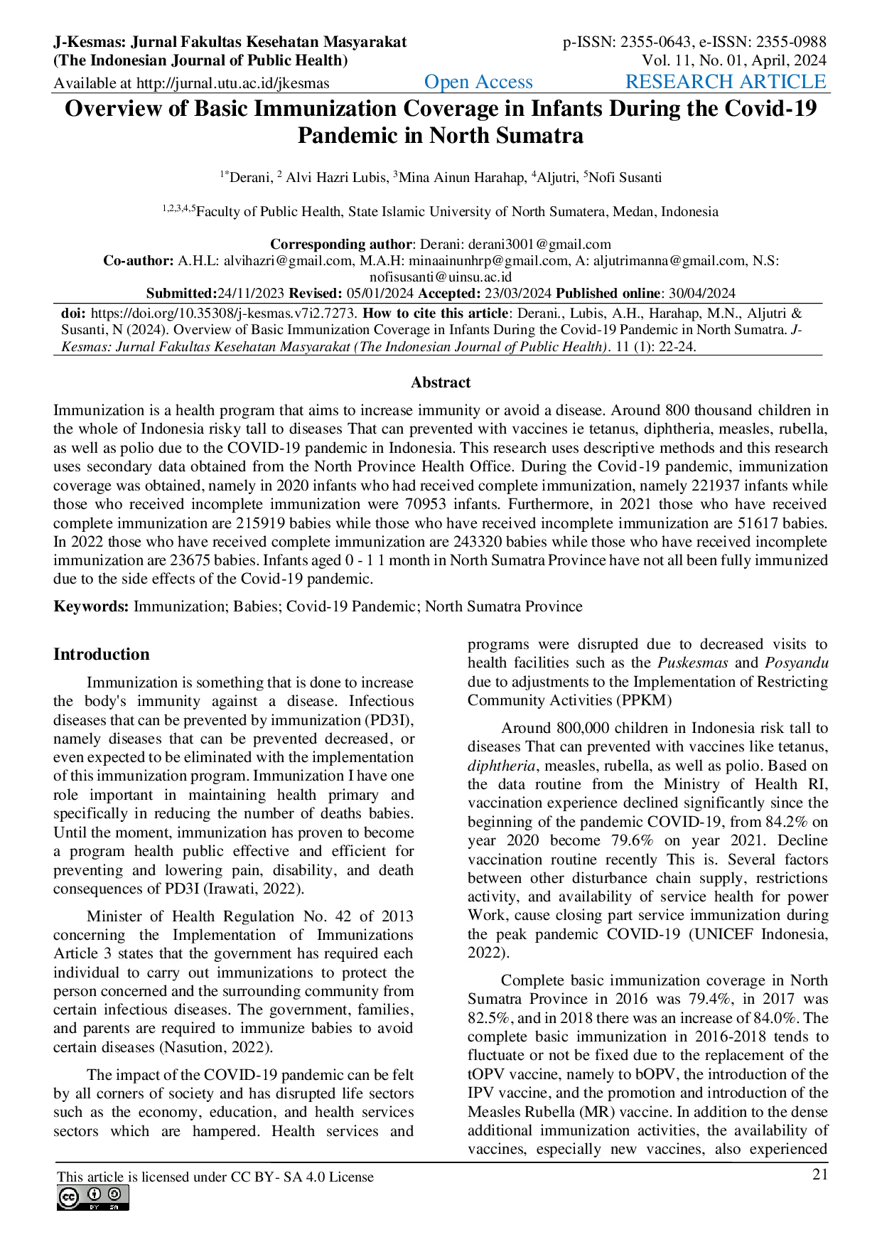 JURIS Overview of Basic Immunization Coverage in Infants During the Covid 19 Pandemic in North Sumatra