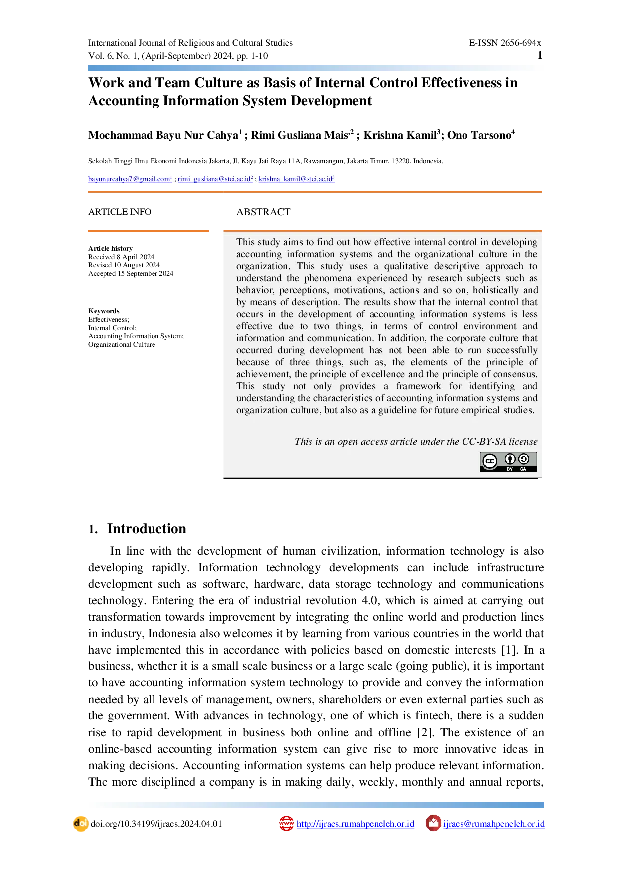 JURIS Work and Team Culture as Basis of Internal Control Effectiveness in Accounting Information System Development