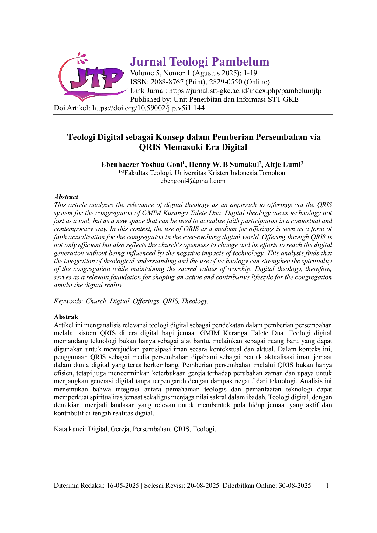 JURIS Digital Theology as a Concept in Offering through QRIS Entering the Digital Era