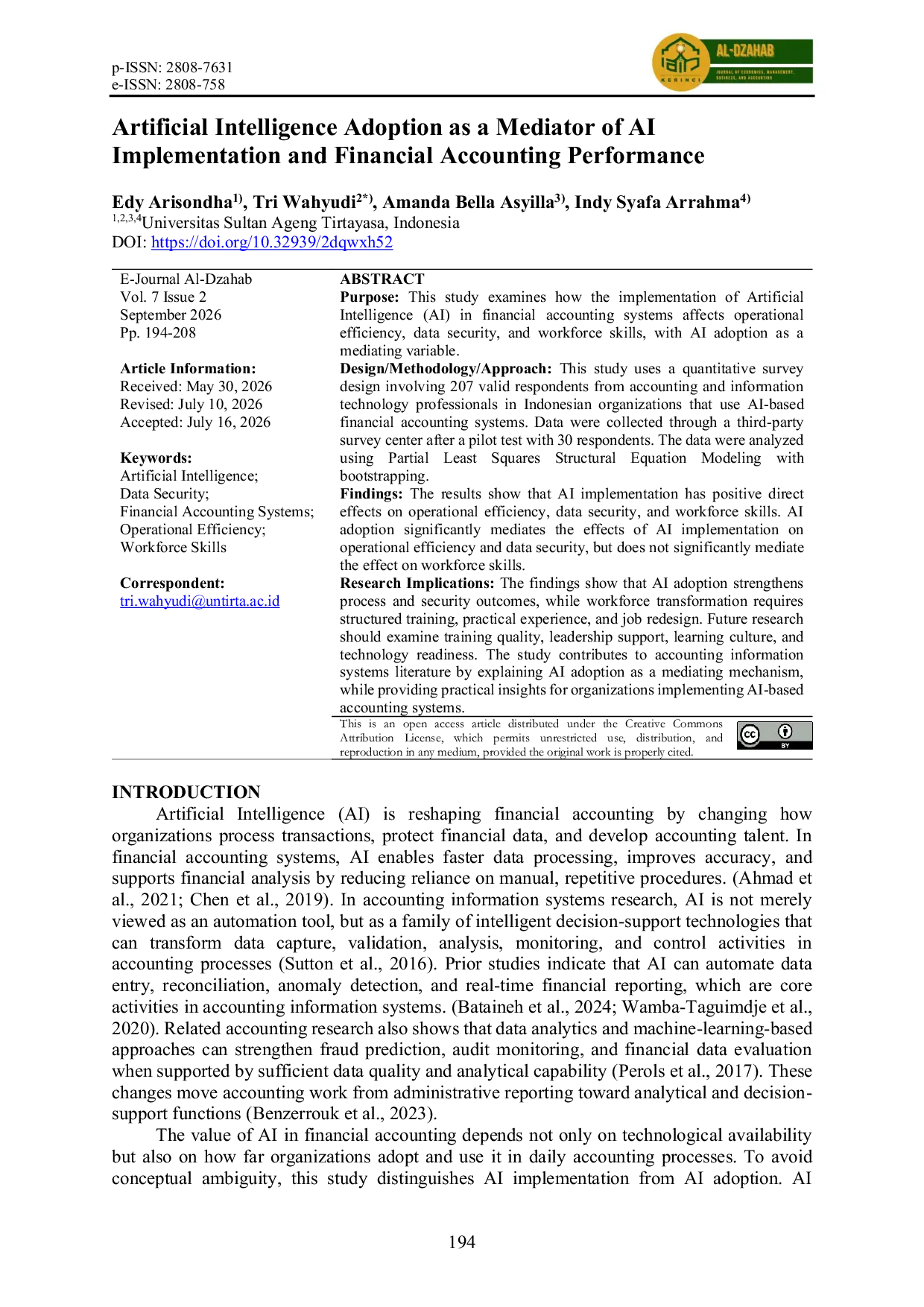 JURIS Artificial Intelligence Adoption as a Mediator of AI Implementation and Financial Accounting Performance
