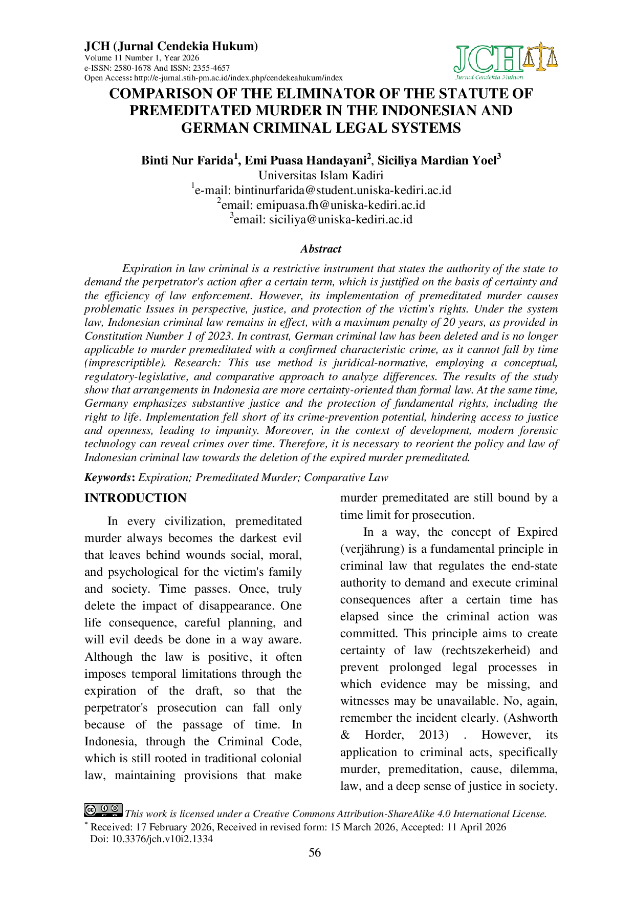 JURIS Comparison of the Eliminator of the Statute of Premeditated Murder in the Indonesian and German Criminal Legal Systems