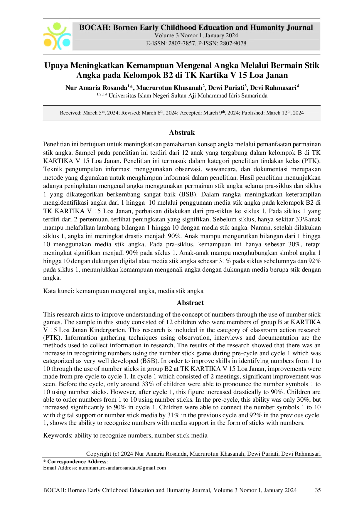 JURIS Upaya Meningkatkan Kemampuan Mengenal Angka Melalui Bermain Stik Angka pada Kelompok B2 di TK Kartika V 15 Loa Janan