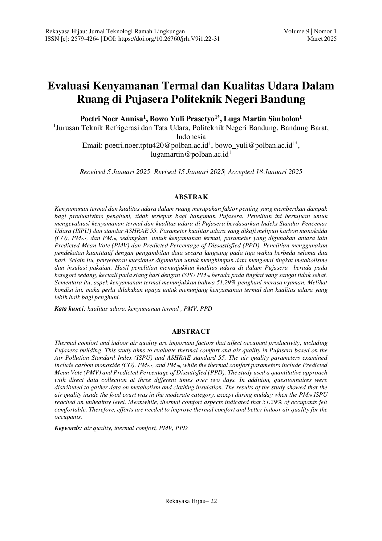 JURIS Evaluasi Kenyamanan Termal dan Kualitas Udara Dalam Ruang di Pujasera Politeknik Negeri Bandung