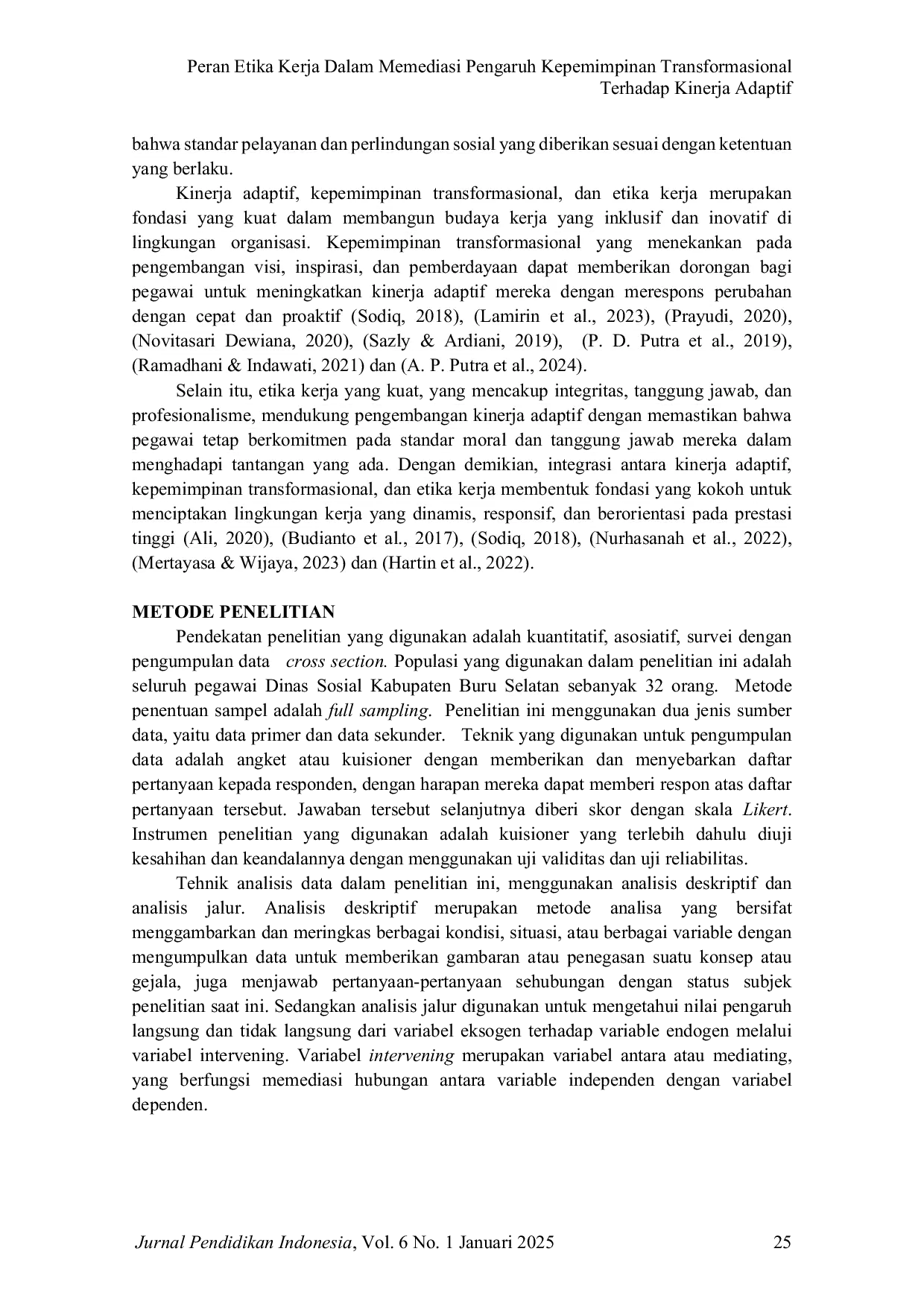 JURIS Peran Etika Kerja Dalam Memediasi Pengaruh Kepemimpinan Transformasional Terhadap Kinerja Adaptif