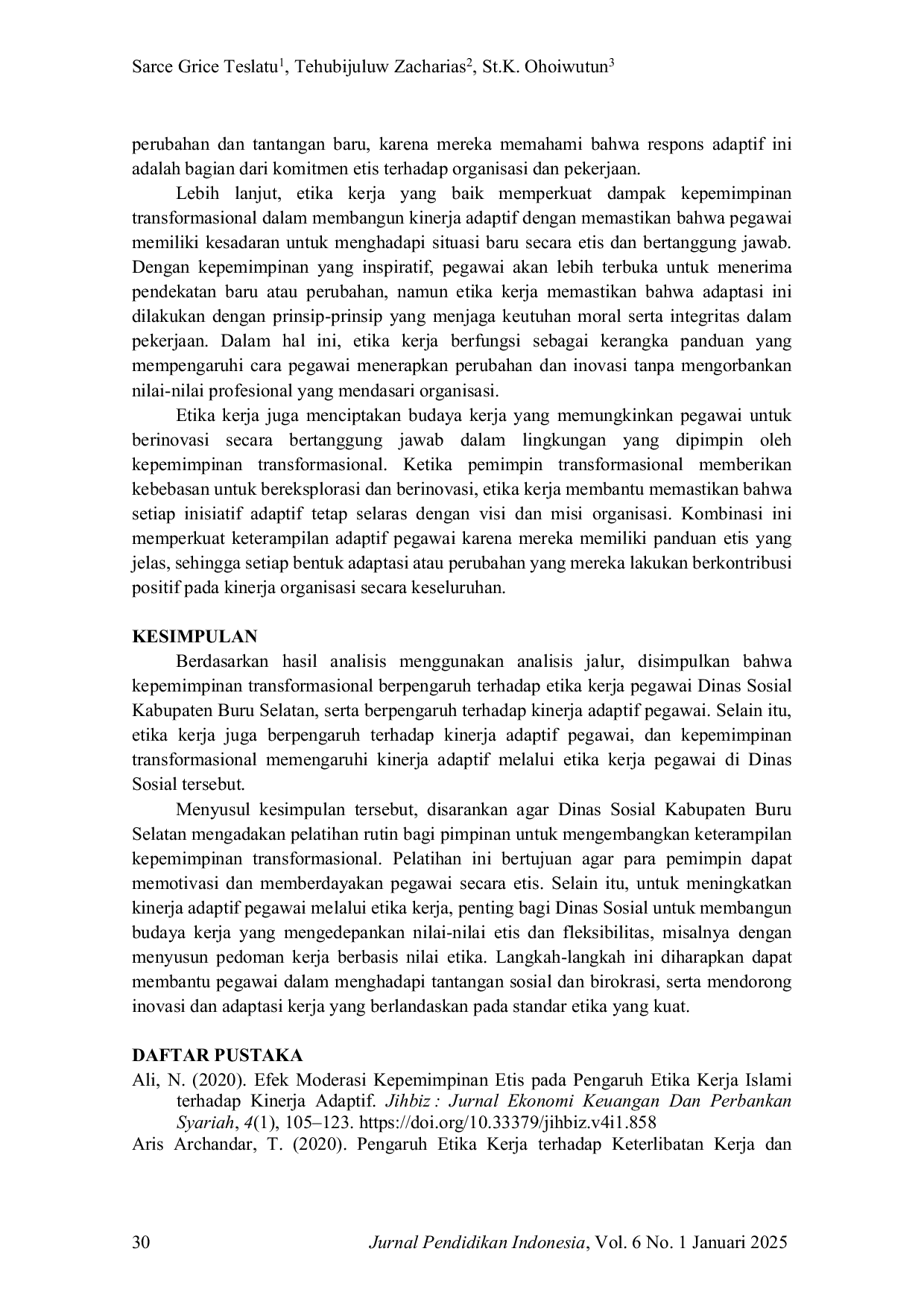 JURIS Peran Etika Kerja Dalam Memediasi Pengaruh Kepemimpinan Transformasional Terhadap Kinerja Adaptif