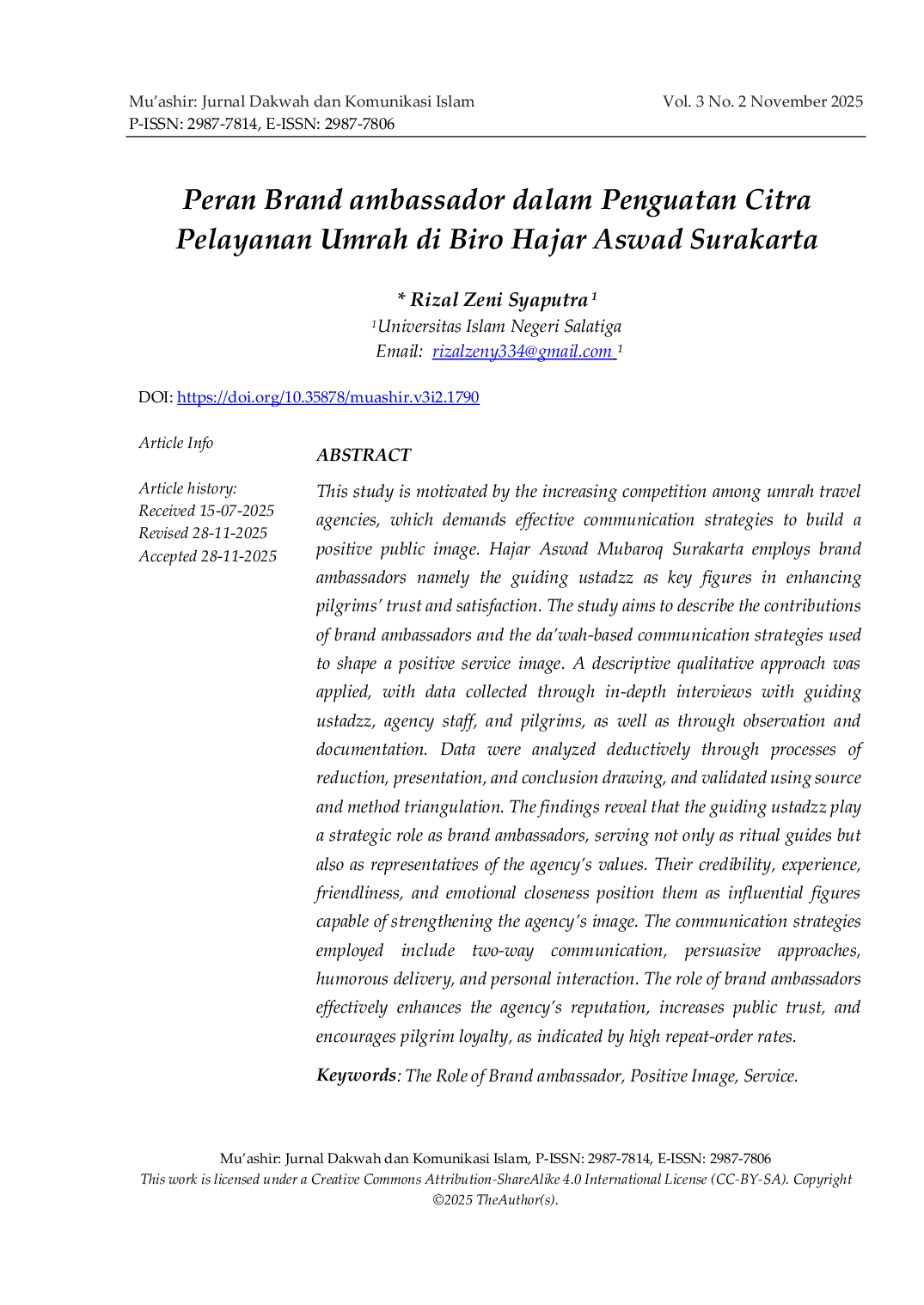 JURIS Peran Brand Ambassador dalam Penguatan Citra Pelayanan Umrah di Biro Hajar Aswad Surakarta