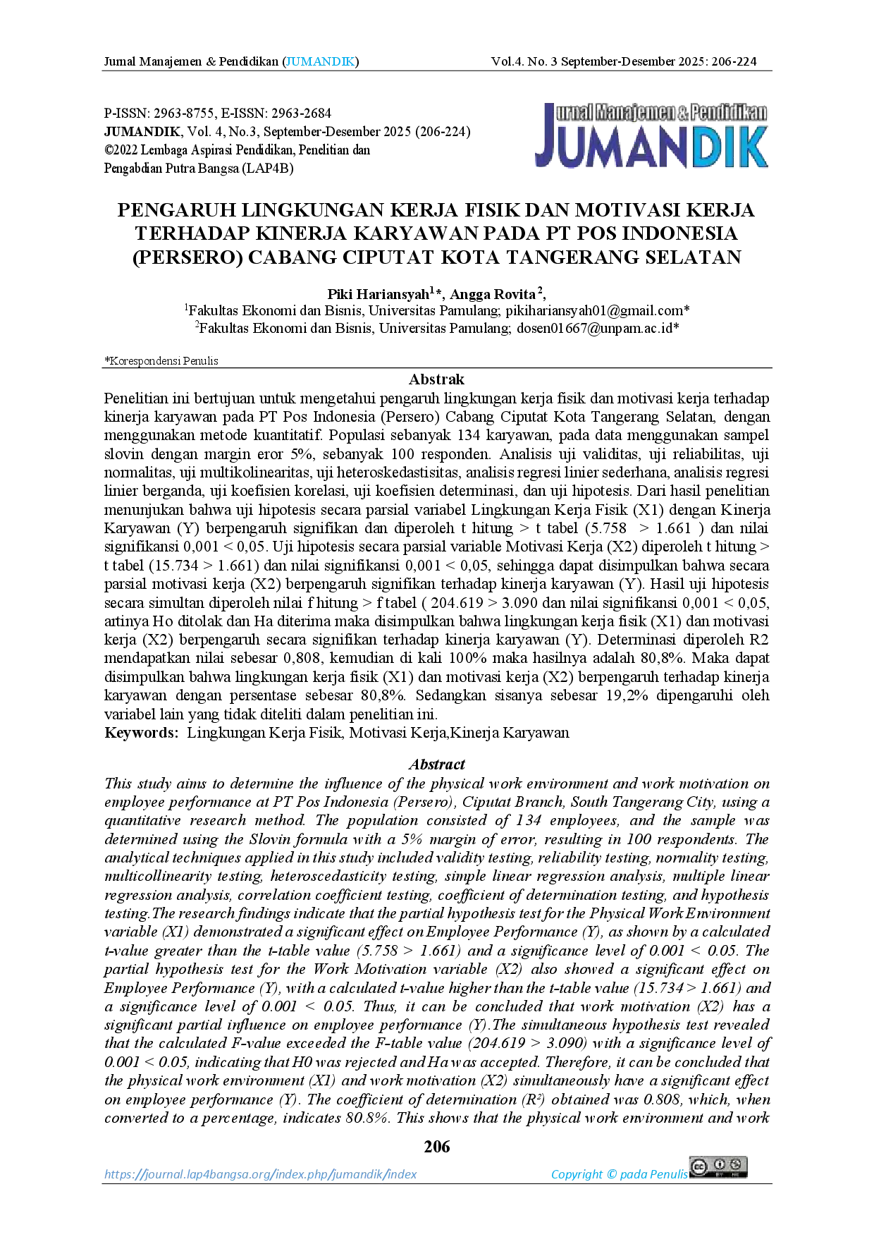 JURIS Pengaruh Lingkungan Kerja Fisik Dan Motivasi Kerja Terhadap Kinerja Karyawan Pada Pt Pos Indonesia Persero Cabang Ciputat Kota Tangerang Selatan