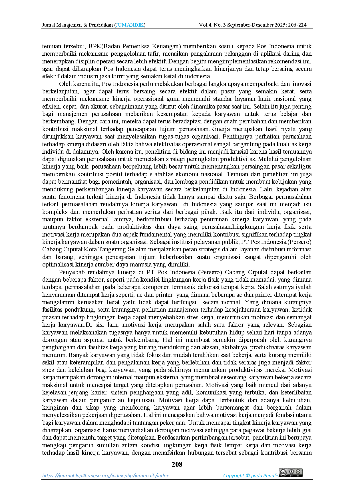 JURIS Pengaruh Lingkungan Kerja Fisik Dan Motivasi Kerja Terhadap Kinerja Karyawan Pada Pt Pos Indonesia Persero Cabang Ciputat Kota Tangerang Selatan