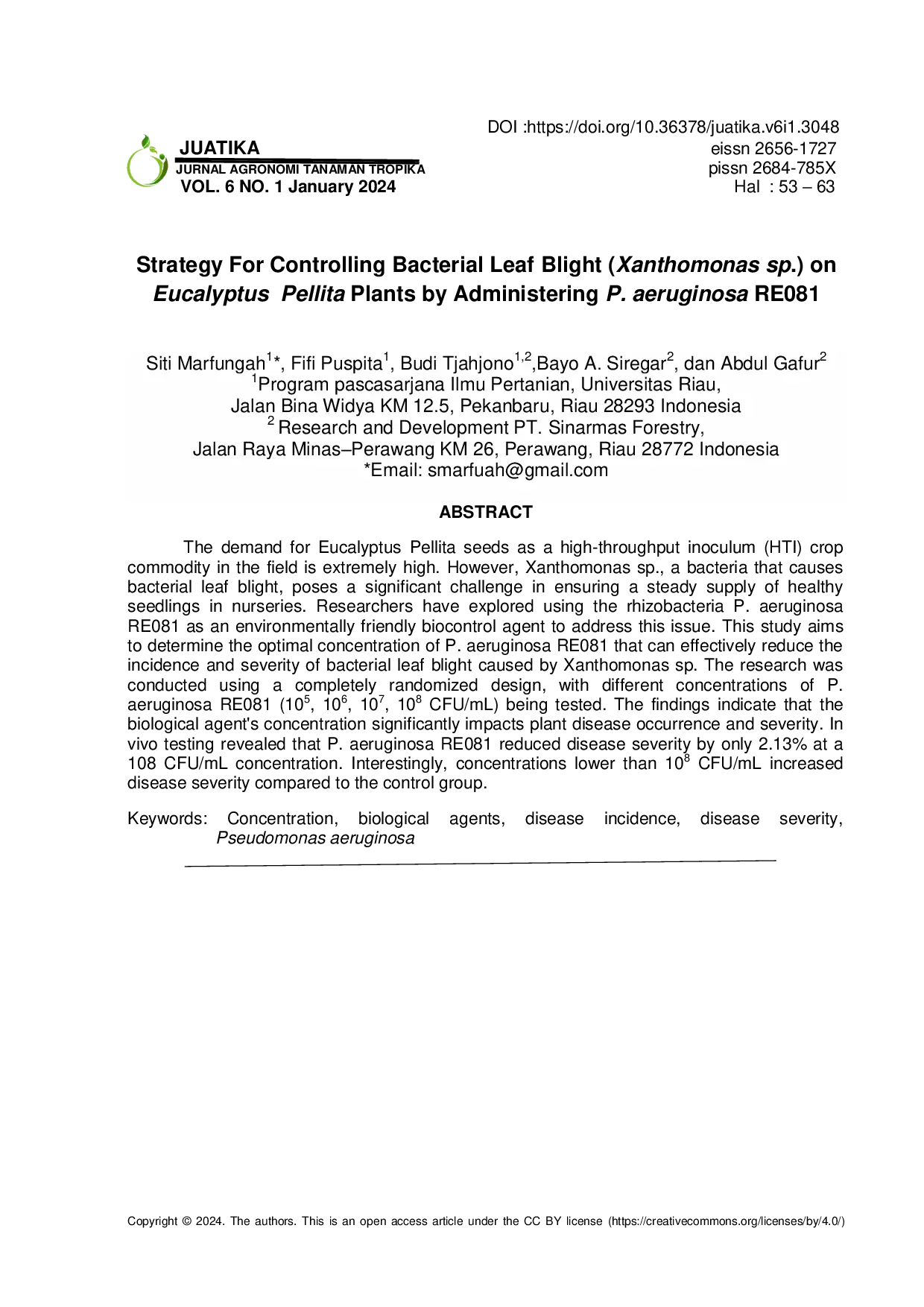 JURIS Strategy For Controlling Bacterial Leaf Blight Xanthomonas sp on Eucalyptus Pellita Plants by Administering P aeruginosa RE081
