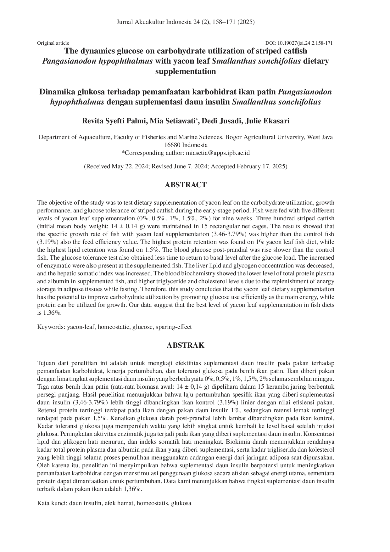 JURIS The dynamics glucose on carbohydrate utilization of striped catfish Pangasianodon hypophthalmus with yacon leaf Smallanthus sonchifolius dietary supplementation