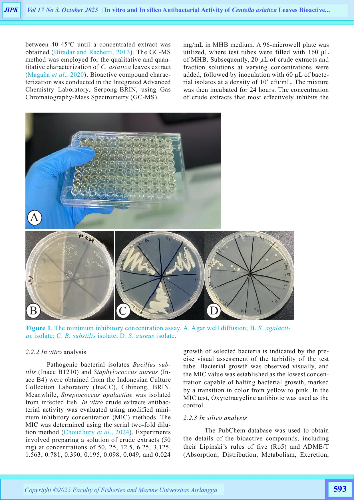 JURIS In silico and In vitro Antibacterial Activity of Centella asiatica Leaves Bioactive Compounds Against Aquaculture Pathogenic Bacteria