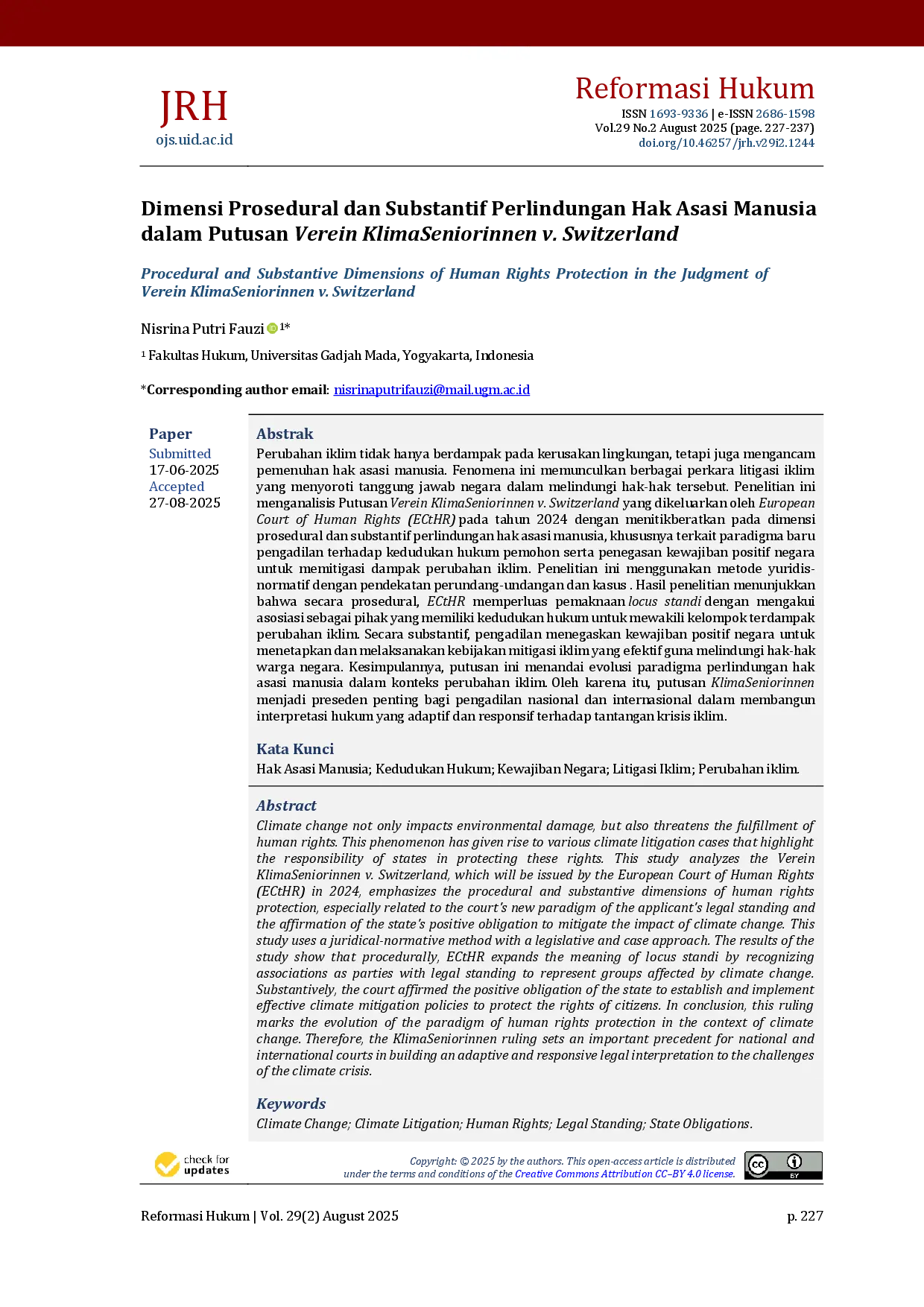 juris Procedural and Substantive Dimensions of Human Rights Protection in the Judgment of Verein KlimaSeniorinnen v Switzerland
