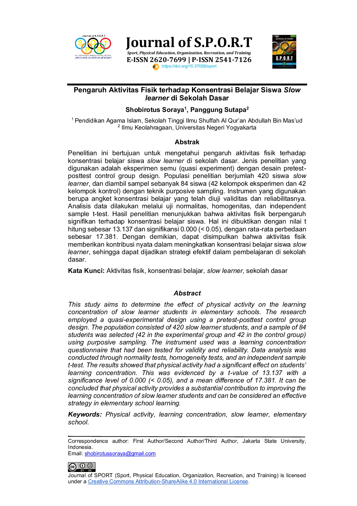 JURIS Pengaruh Aktivitas Fisik terhadap Konsentrasi Belajar Siswa Slow learner di Sekolah Dasar
