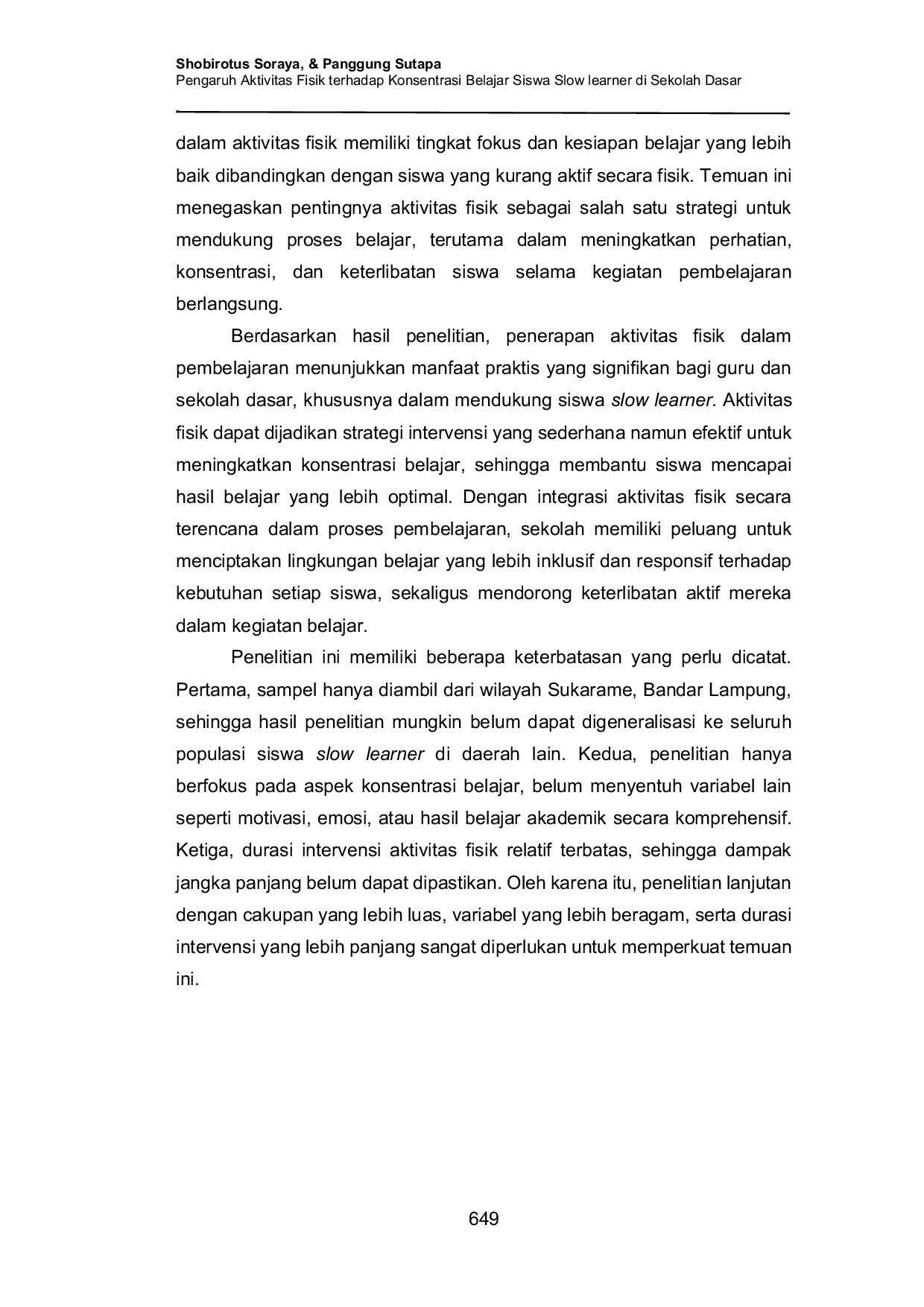 JURIS Pengaruh Aktivitas Fisik terhadap Konsentrasi Belajar Siswa Slow learner di Sekolah Dasar