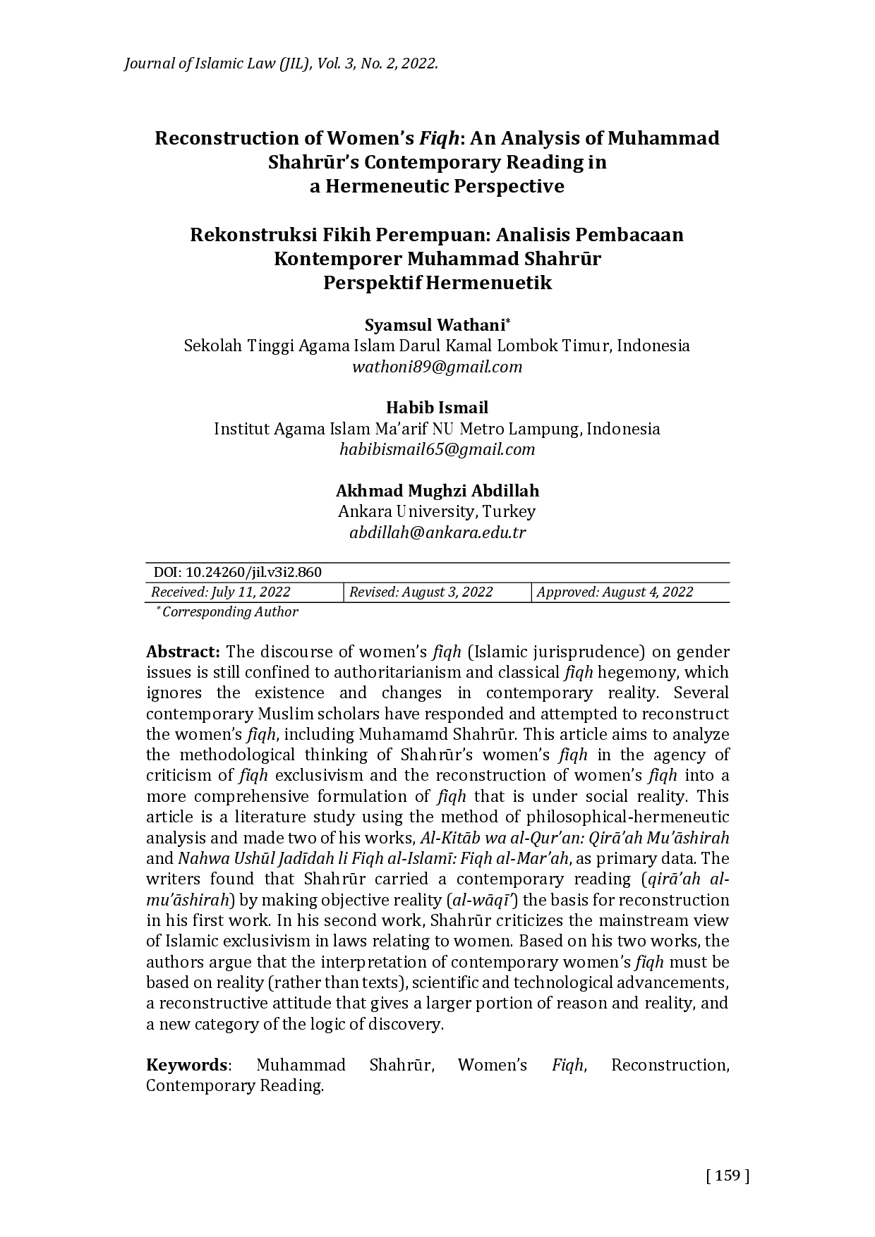 juris Reconstruction of Women s Fiqh An Analysis of Muhammad Shahrr s Contemporary Reading in a Hermeneutic Perspective