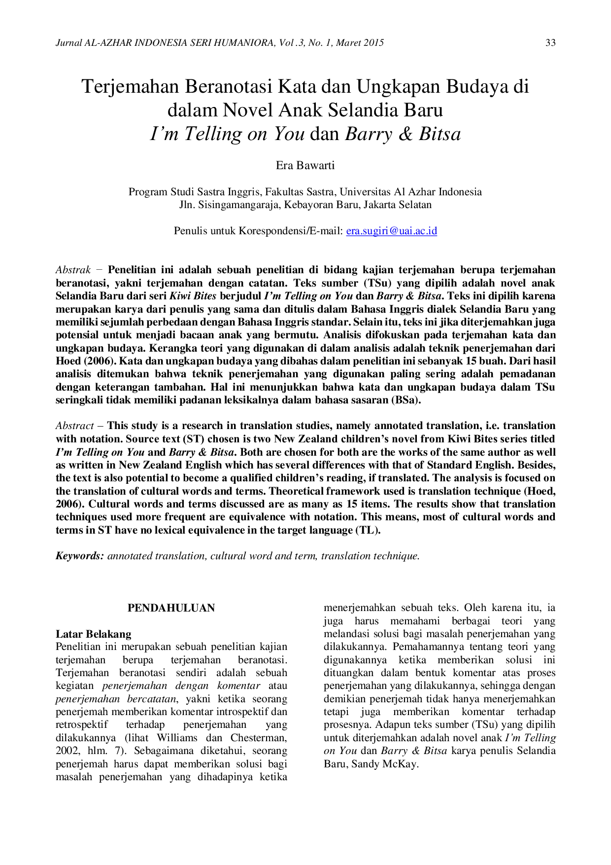 JURIS Terjemahan Beranotasi Kata dan Ungkapan Budaya di dalam Novel Anak Selandia Baru I m Telling on You dan Barry Bitsa