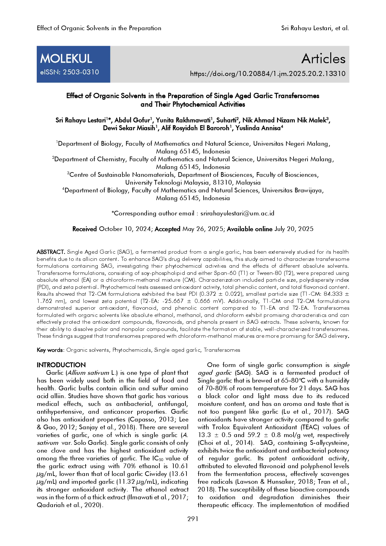 juris Effect of Organic Solvents in the Preparation of Single Aged Garlic Transfersomes and Their Phytochemical Activities