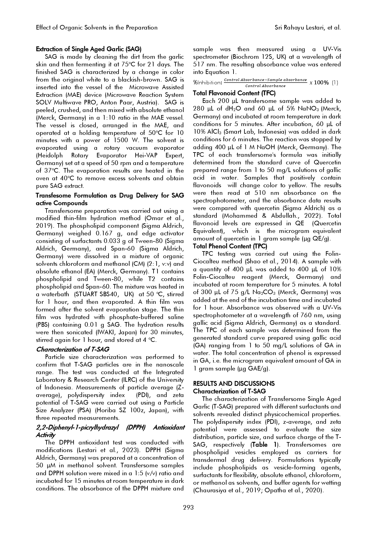 juris Effect of Organic Solvents in the Preparation of Single Aged Garlic Transfersomes and Their Phytochemical Activities