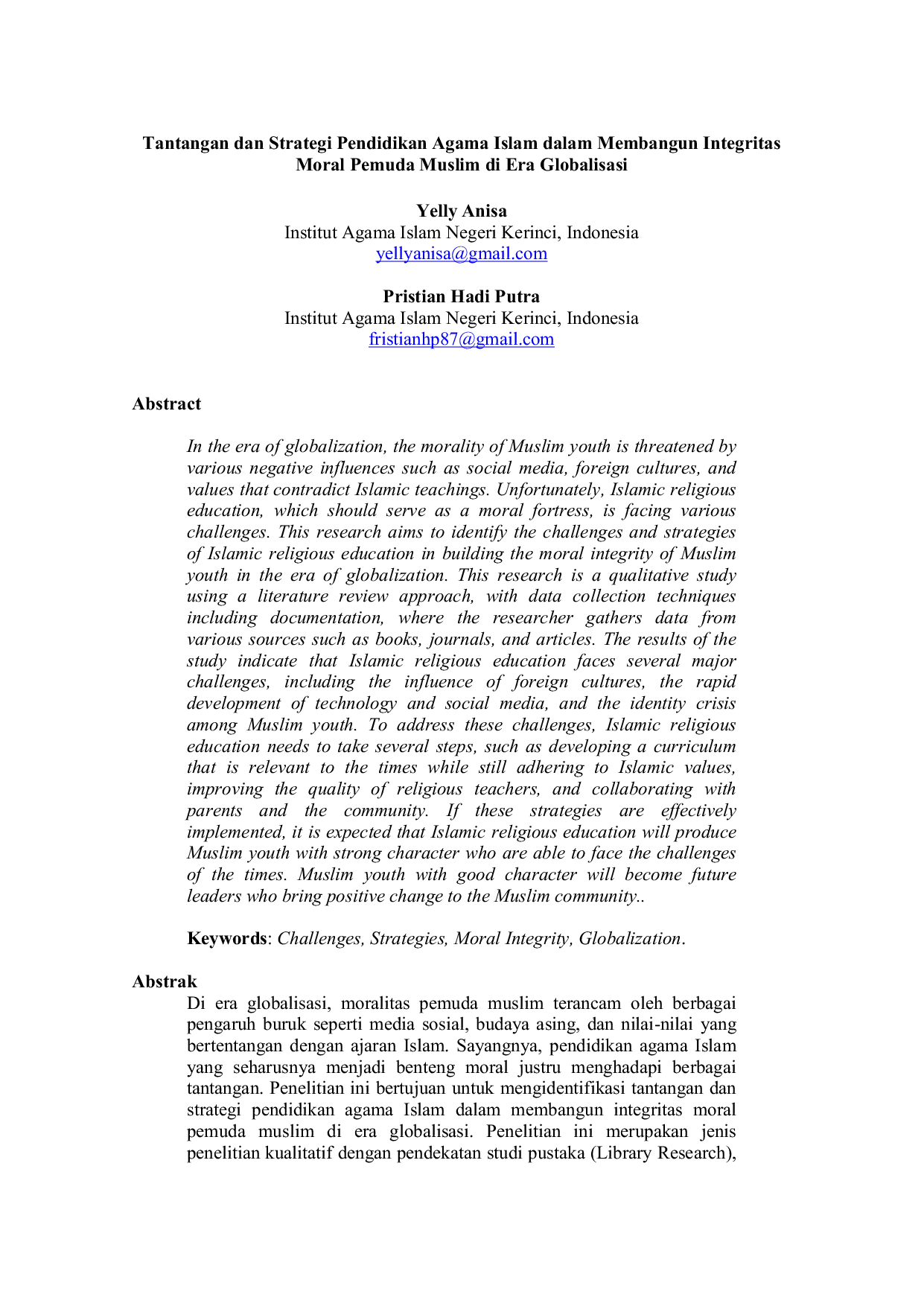 JURIS Tantangan dan Strategi Pendidikan Agama Islam dalam Membangun Integritas Moral Pemuda Muslim di Era Globalisasi