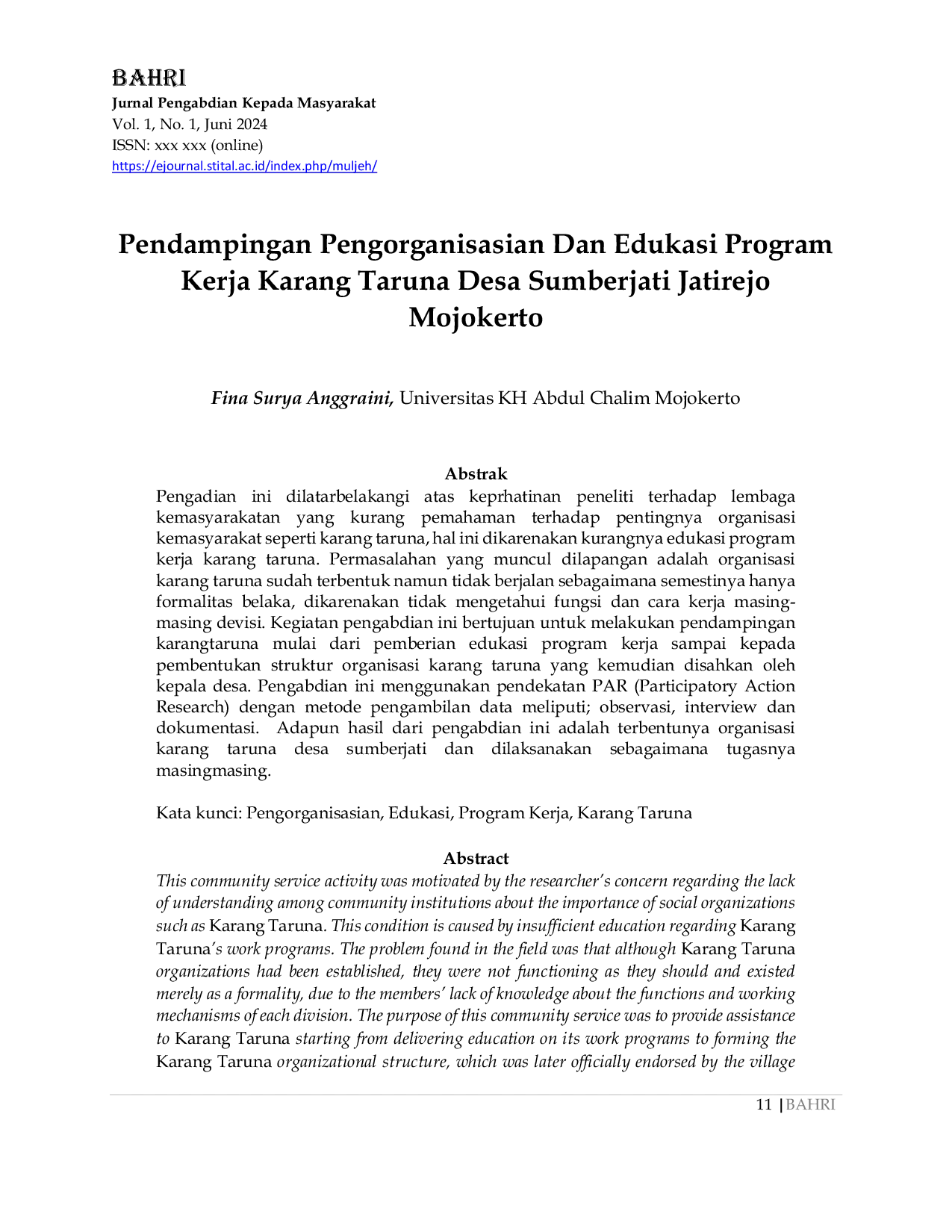 JURIS Pendampingan Pengorganisasian Dan Edukasi Program Kerja Karang Taruna Desa Sumberjati Jatirejo Mojokerto