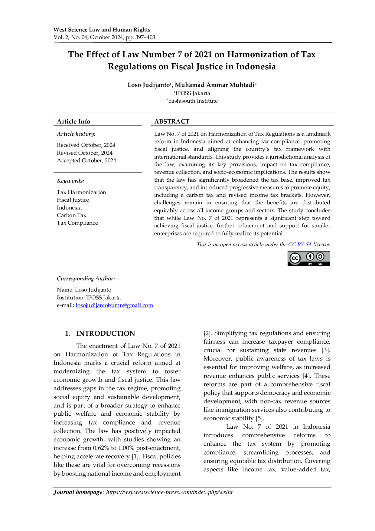 JURIS The Effect of Law Number 7 of 2021 on Harmonization of Tax Regulations on Fiscal Justice in Indonesia