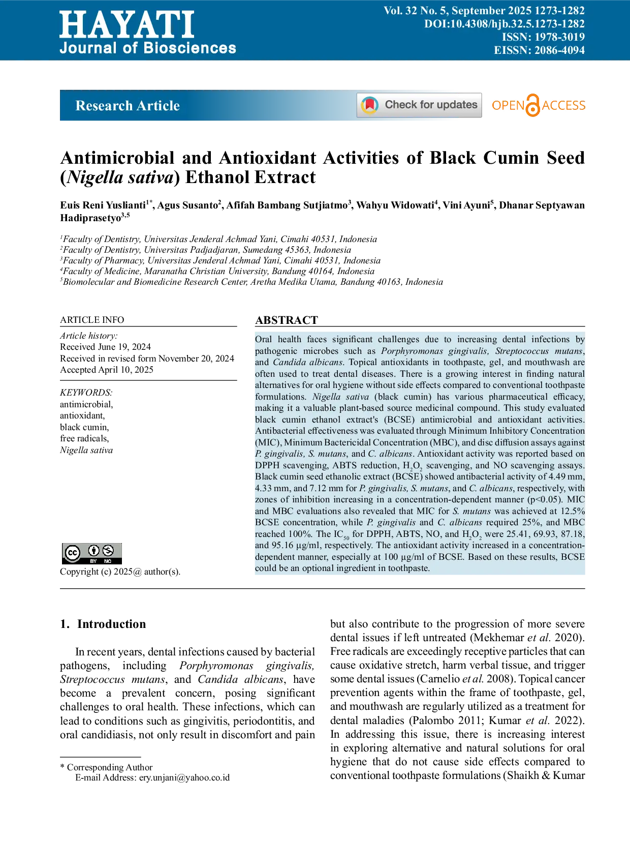 JURIS Antimicrobial and Antioxidant Activities of Black Cumin Seed Nigella sativa Ethanol Extract