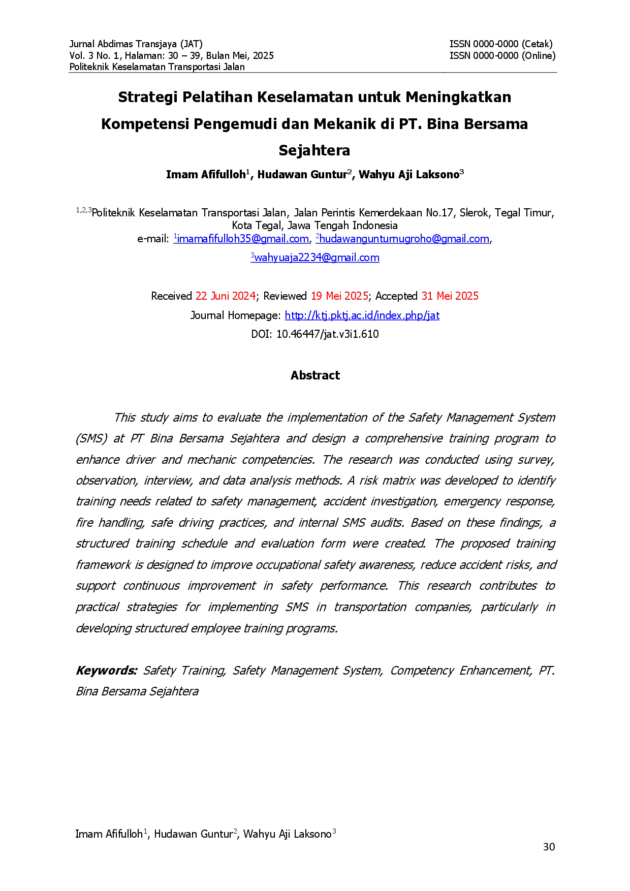juris Strategi Pelatihan Keselamatan untuk Meningkatkan Kompetensi Pengemudi dan Mekanik di PT Bina Bersama Sejahtera