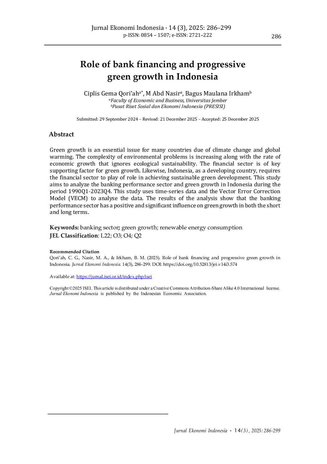 JURIS Role of bank financing and progressive green growth in Indonesia