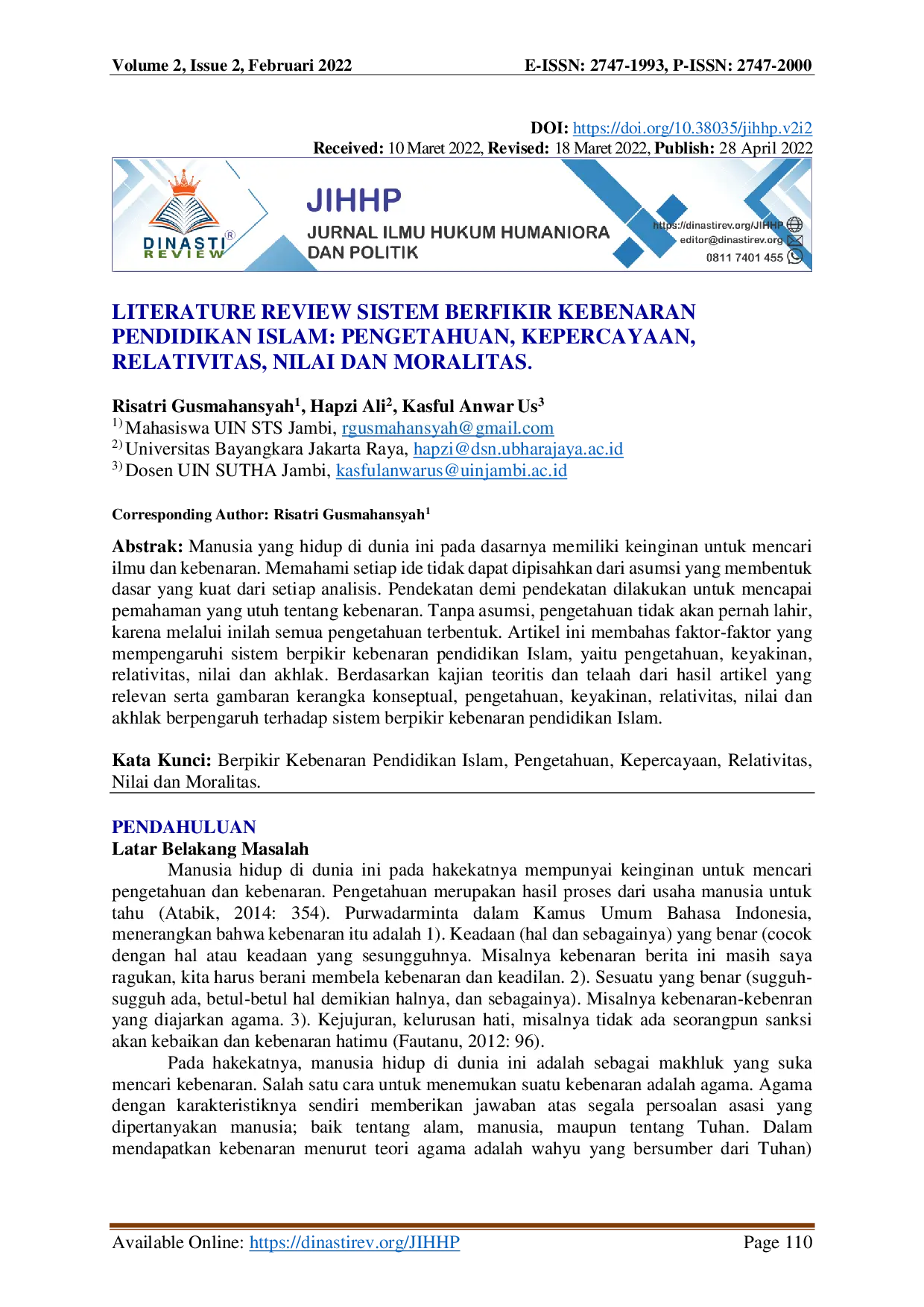 juris Literature Review Sistem Berfikir Kebenaran Pendidikan Islam Pengetahuan Kepercayaan Relativitas Nilai Dan Moralitas