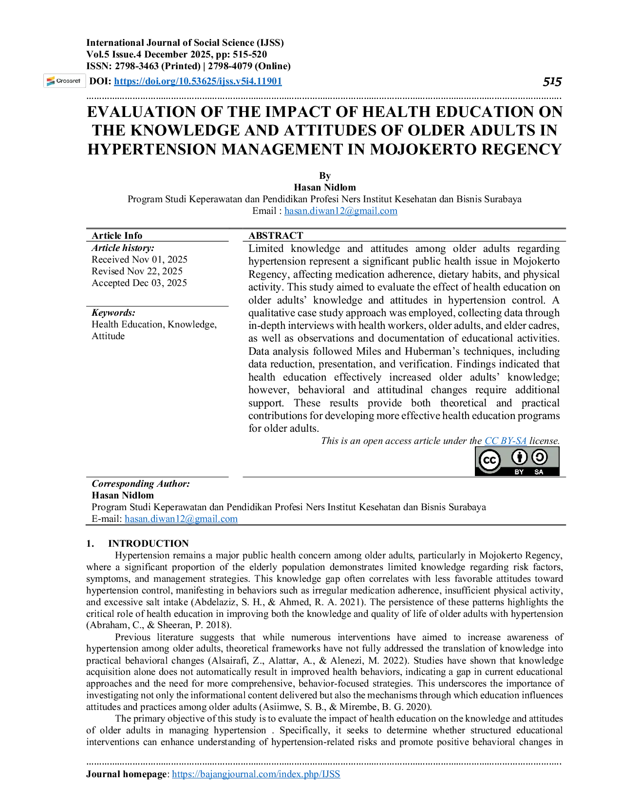 JURIS Evaluation of the Impact of Health Education on the Knowledge and Attitudes of Older Adults in Hypertension Management in Mojokerto Regency