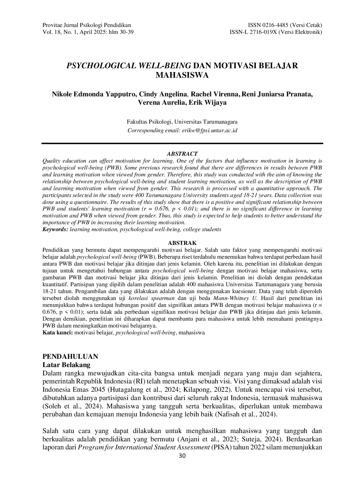 JURIS Psychological Well Being Dan Motivasi Belajar Mahasiswa