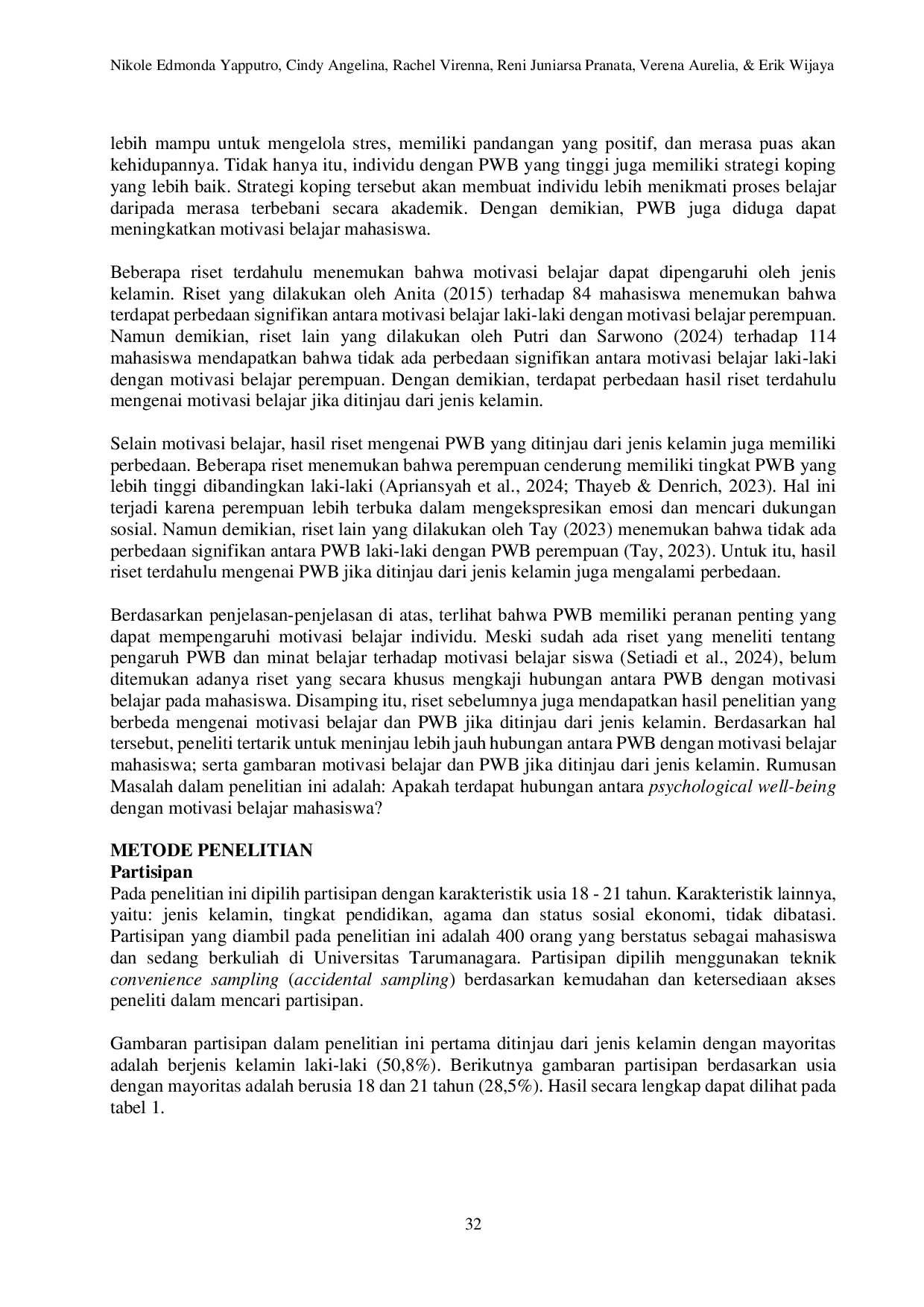 JURIS Psychological Well Being Dan Motivasi Belajar Mahasiswa