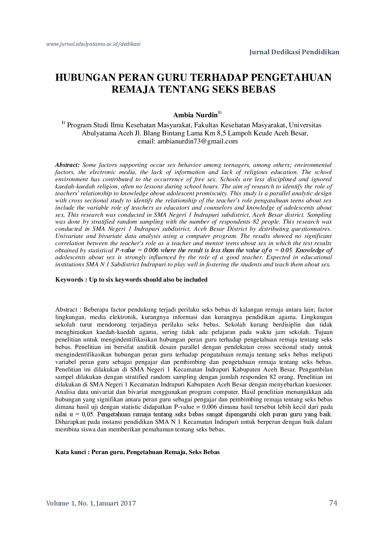 juris Hubungan Peran Guru Terhadap Pengetahuan Remaja Tentang Seks Bebas