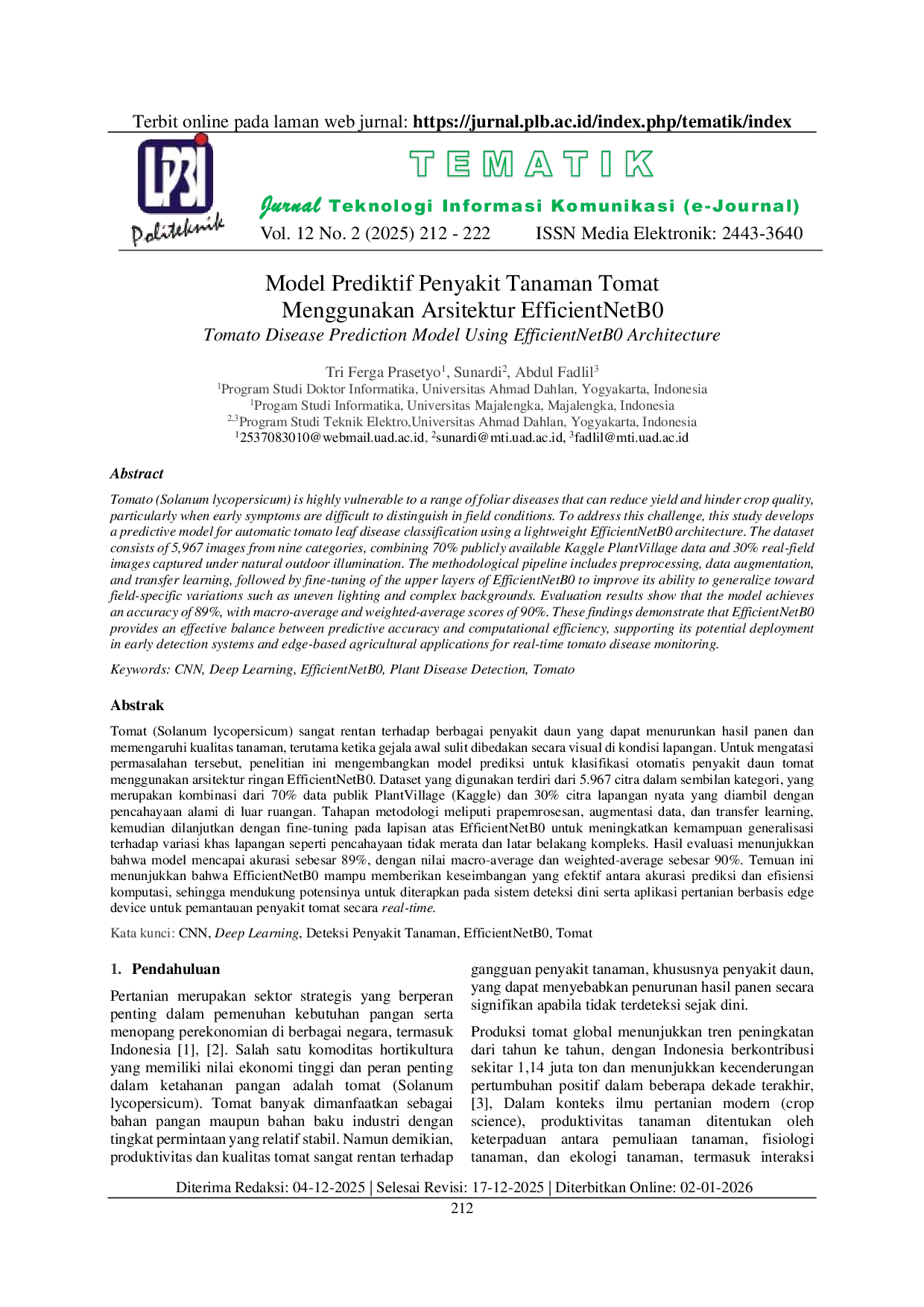 JURIS Model Prediktif Penyakit Tanaman Tomat Menggunakan Arsitektur EfficientNetB0