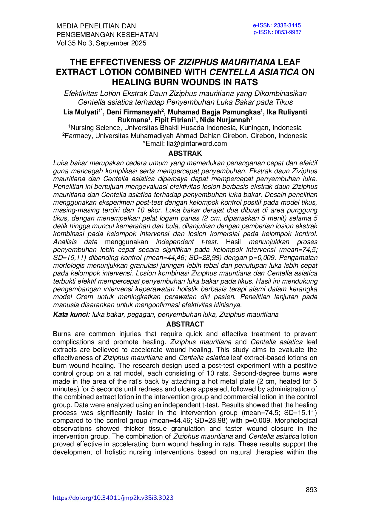 JURIS Efektivitas Lotion Ekstrak Daun Ziziphus mauritiana yang Dikombinasikan Centella asiatica terhadap Penyembuhan Luka Bakar pada Tikus
