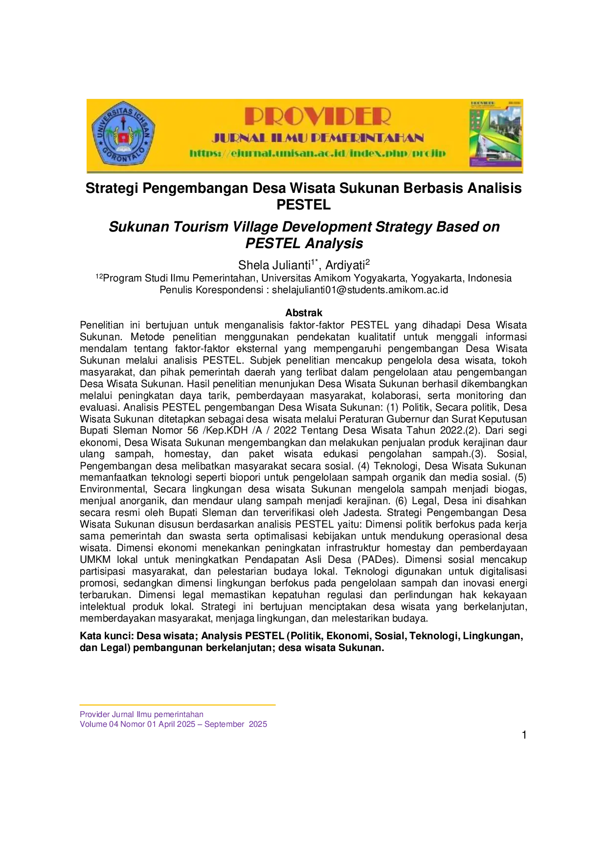 JURIS Strategi Pengembangan Desa Wisata Berbasis Analysis PESTEL Studi Kasus Desa Wisata Sukunan Banyuraden Kec Gamping Kabupaten Sleman Daerah Istimewa Yogyakarta