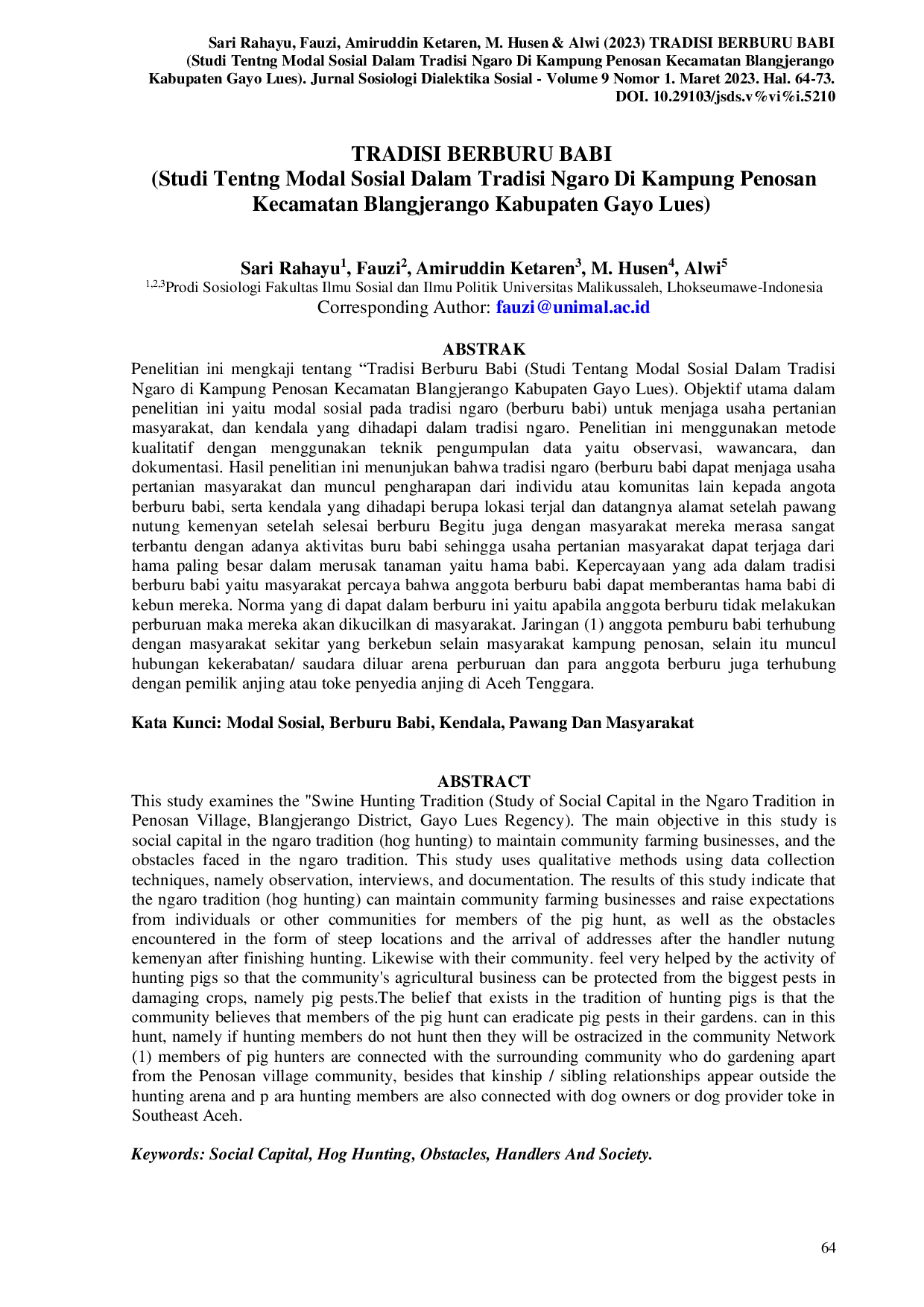 JURIS TRADISI BERBURU BABI Studi Modal Sosial Dalam Tradisi Ngaro Di Kampung Penosan Kecamatan Blangjerango Kabupaten Gayo Lues