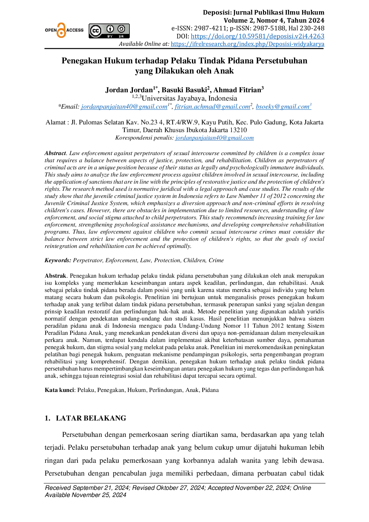 JURIS Penegakan Hukum terhadap Pelaku Tindak Pidana Persetubuhan yang Dilakukan oleh Anak