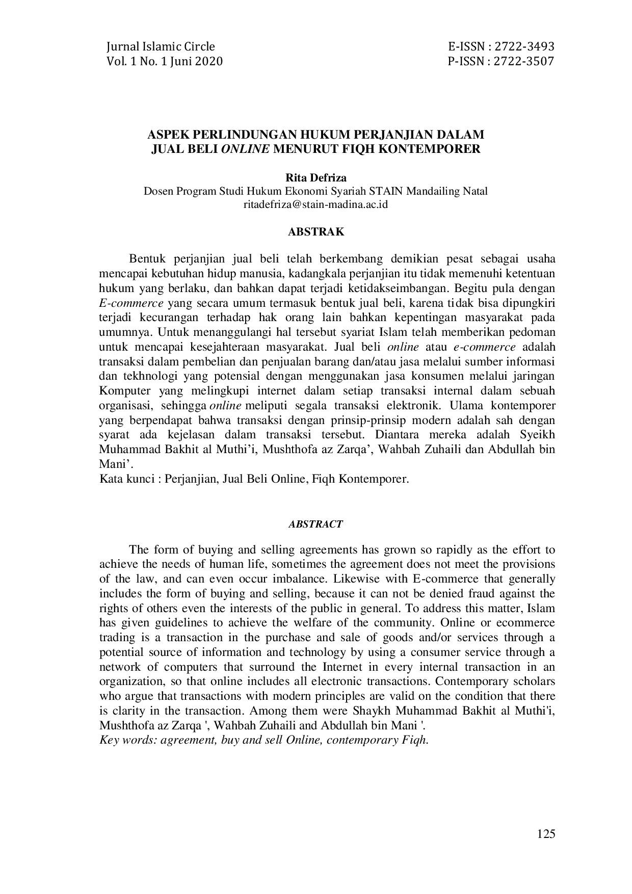 JURIS Aspek Perlindungan Hukum Perjanjian Dalam Jual Beli Online Menurut Fiqh Kontemporer