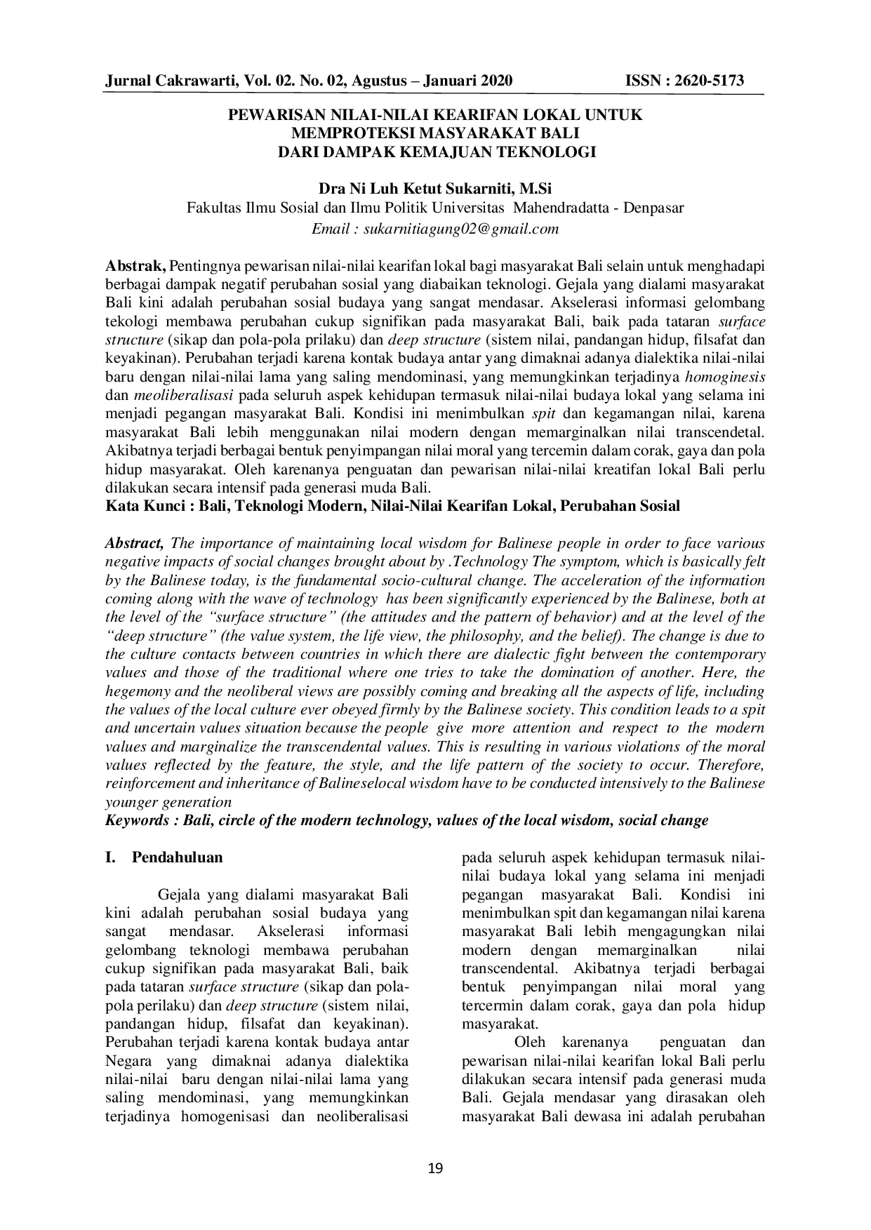 JURIS Pewarisan Nilai Nilai Kearifan Lokal Untuk Memproteksi Masyarakat Bali Dari Dampak Kemajuan Teknologi