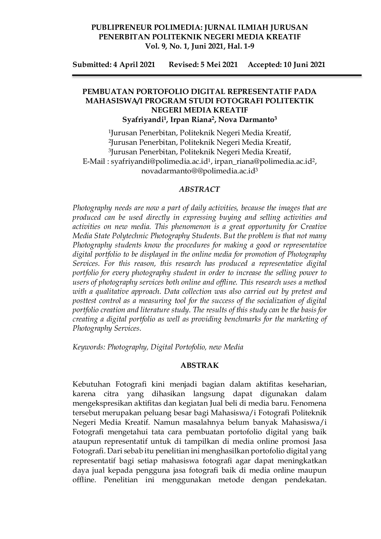 JURIS Pembuatan Portofolio Digital Representatif pada Mahasiswa i Program Studi Fotografi Politeknik Negeri Media Kreatif