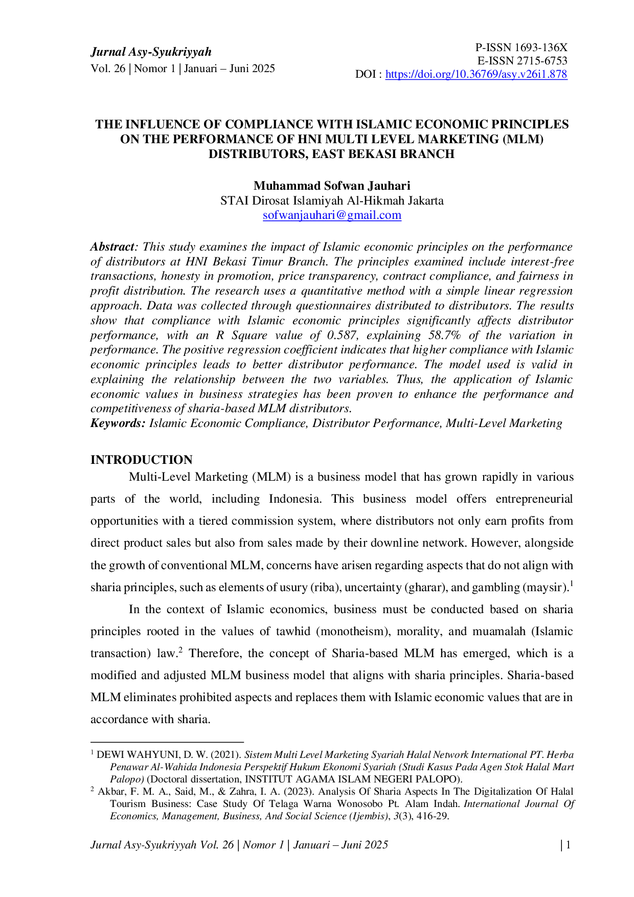 JURIS The Influence of Compliance With Islamic Economic Principles on the Performance of HNI Multi Level Marketing MLM Distributors East Bekasi Branch