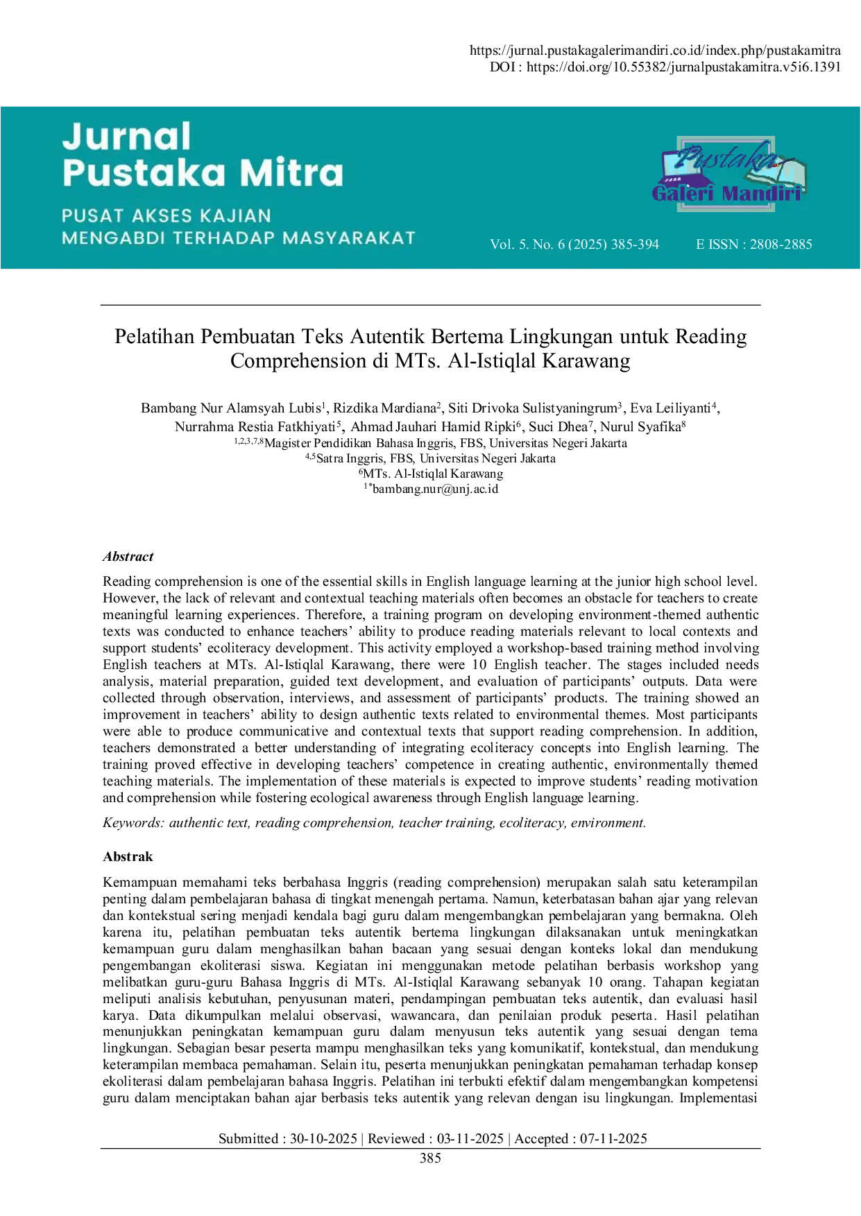 JURIS Pelatihan Pembuatan Teks Autentik Bertema Lingkungan untuk Reading Comprehension di MTs Al Istiqlal Karawang