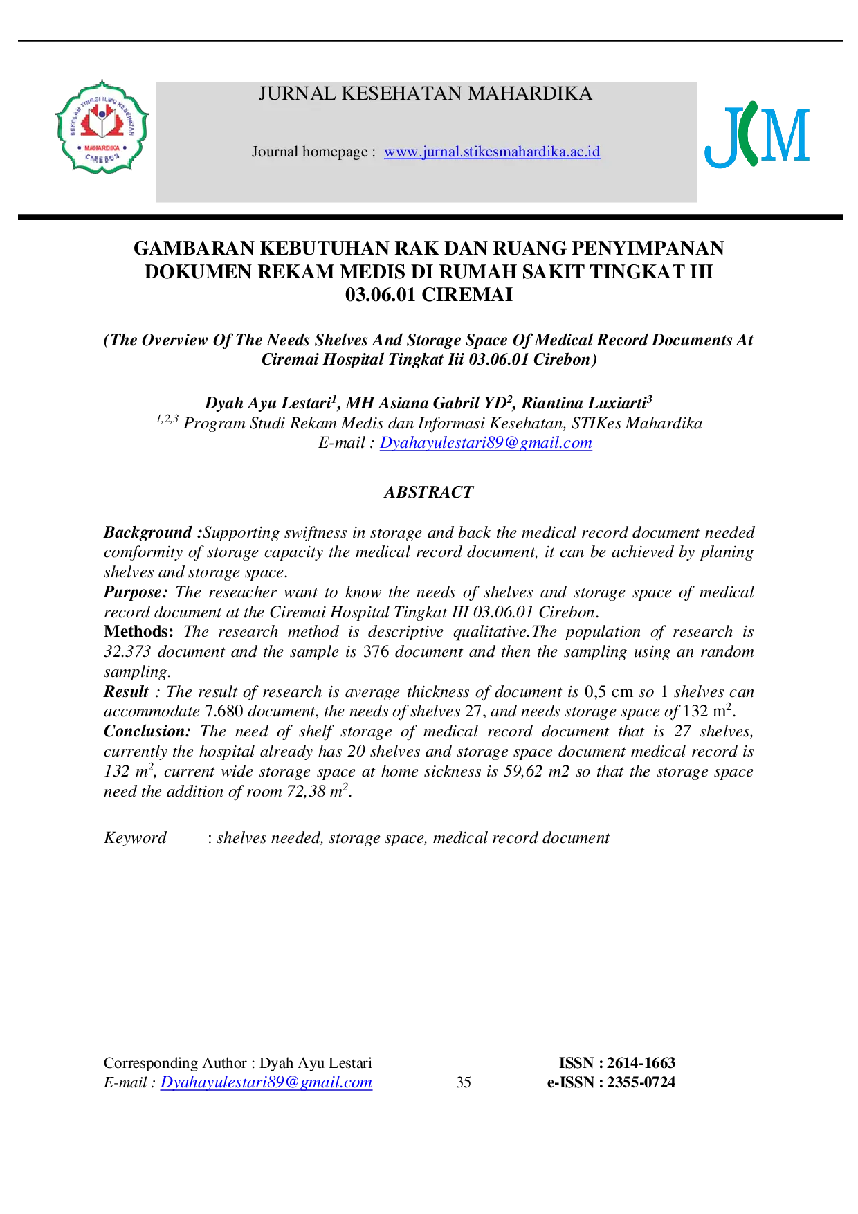 juris Gambaran Kebutuhan Rak Dan Ruang Penyimpanan Dokumen Rekam Medis Di Rumah Sakit Tingkat Iii 03 06 01 Ciremai