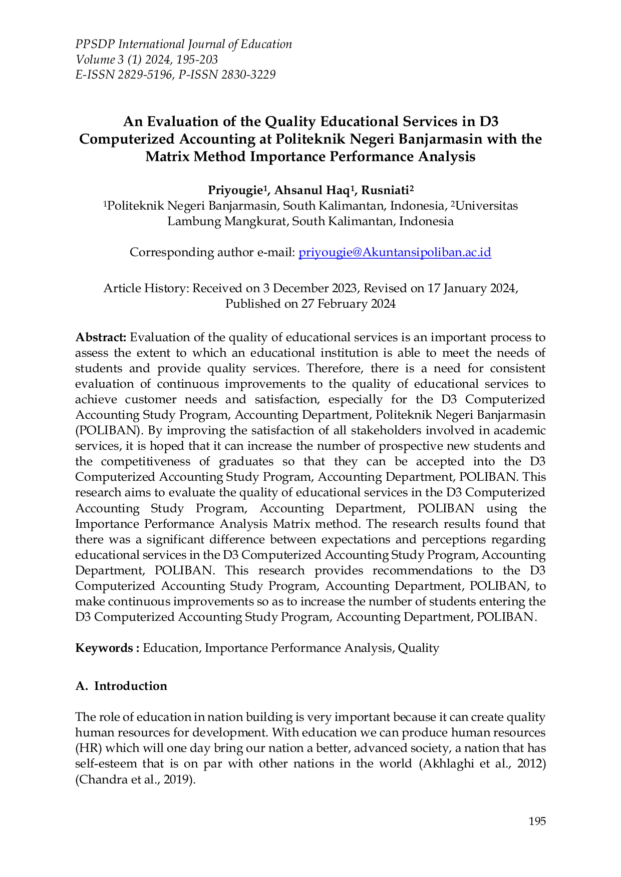 JURIS An Evaluation of the Quality Educational Services in D3 Computerized Accounting at Politeknik Negeri Banjarmasin with the Matrix Method Importance Performance Analysis