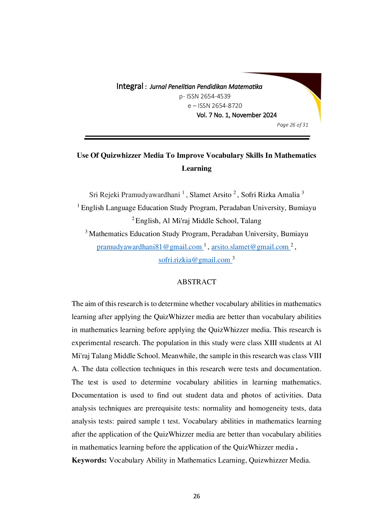 JURIS Use Of Quizwhizzer Media To Improve Vocabulary Skills In Mathematics Learning